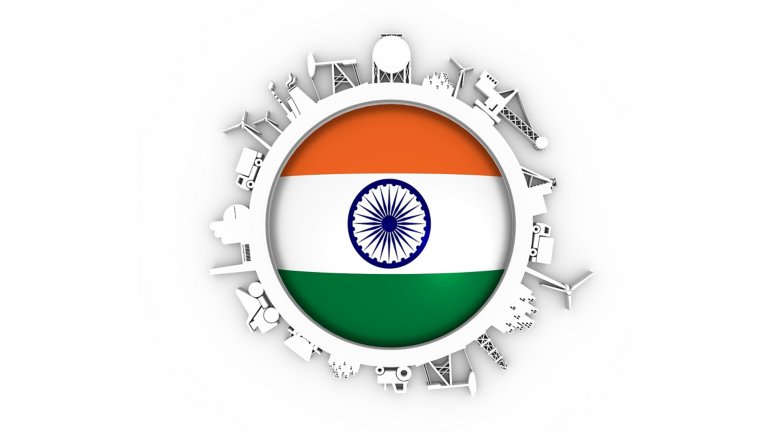 Circle with industry relative silhouettes. Objects located around the circle. Industrial design background. Flag of the India in the center. 3D rendering