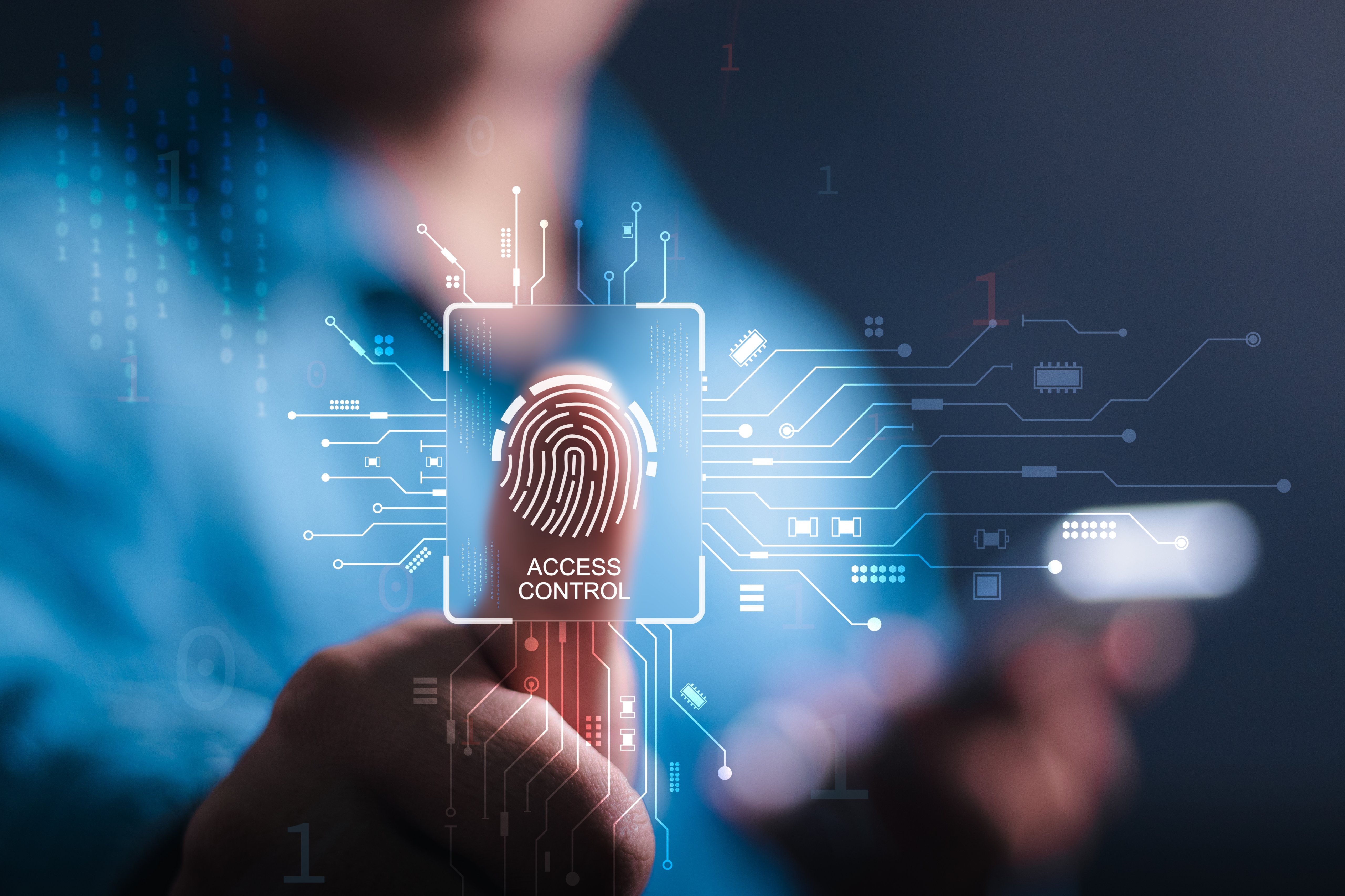 Close-up of a thumb touching a biometric security interface.