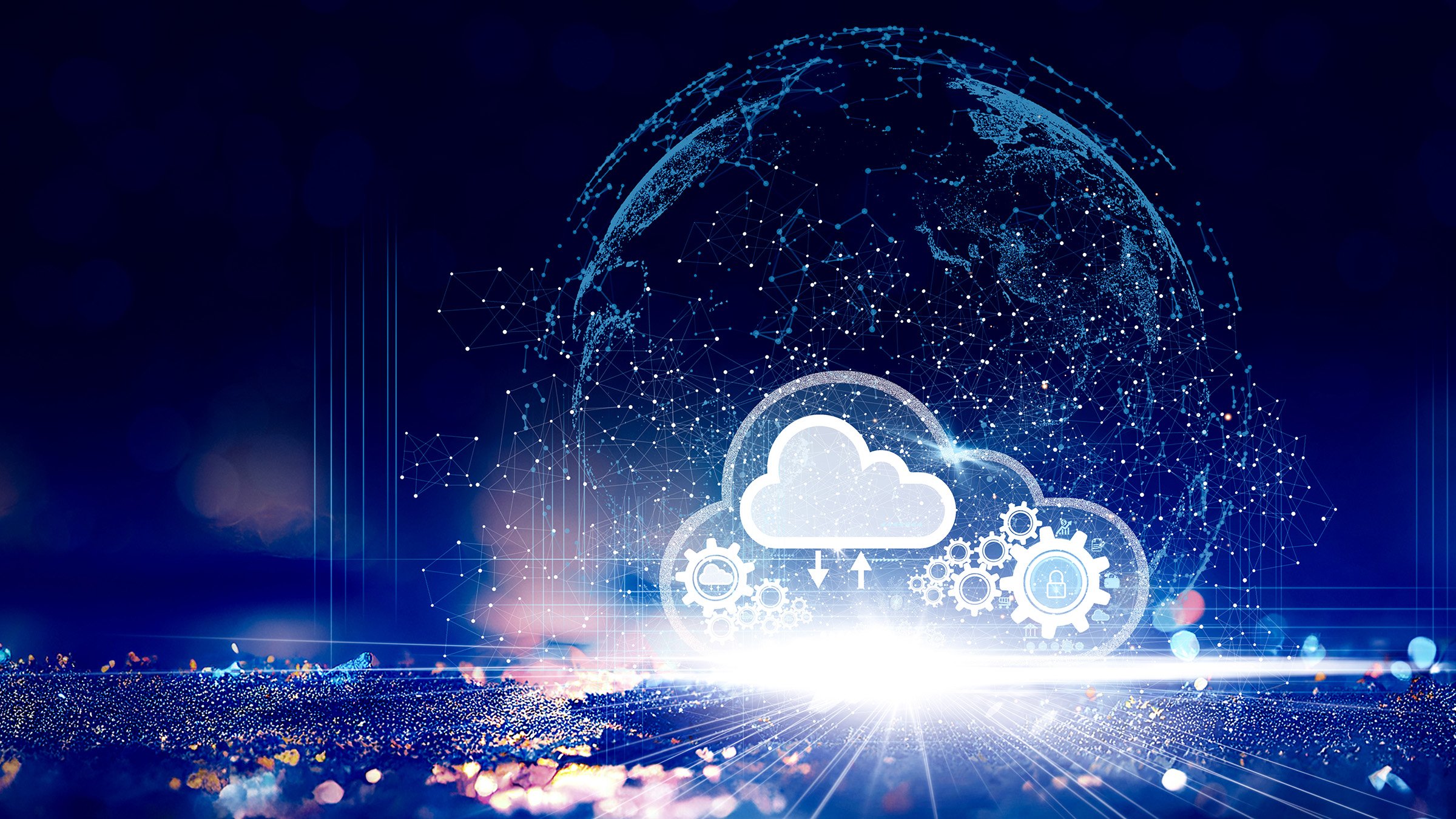Software in the cloud inside globe with night sky in the background. Cloud computing technology database storage security concept Backup transfer.
