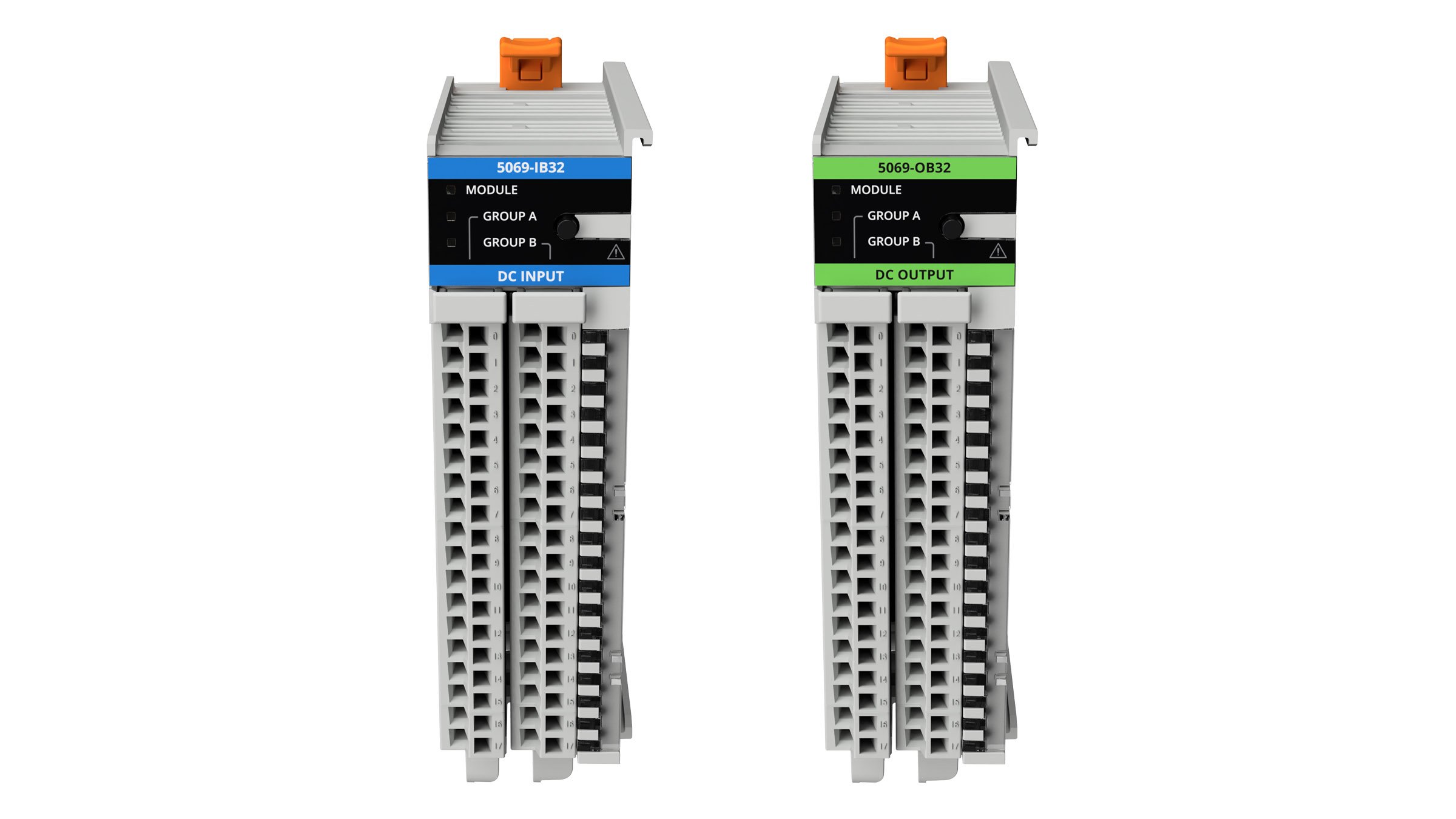 Compact 5000 high-density modules showing 32 channels of I/O in the 5069-IB32 and 5069-OB32