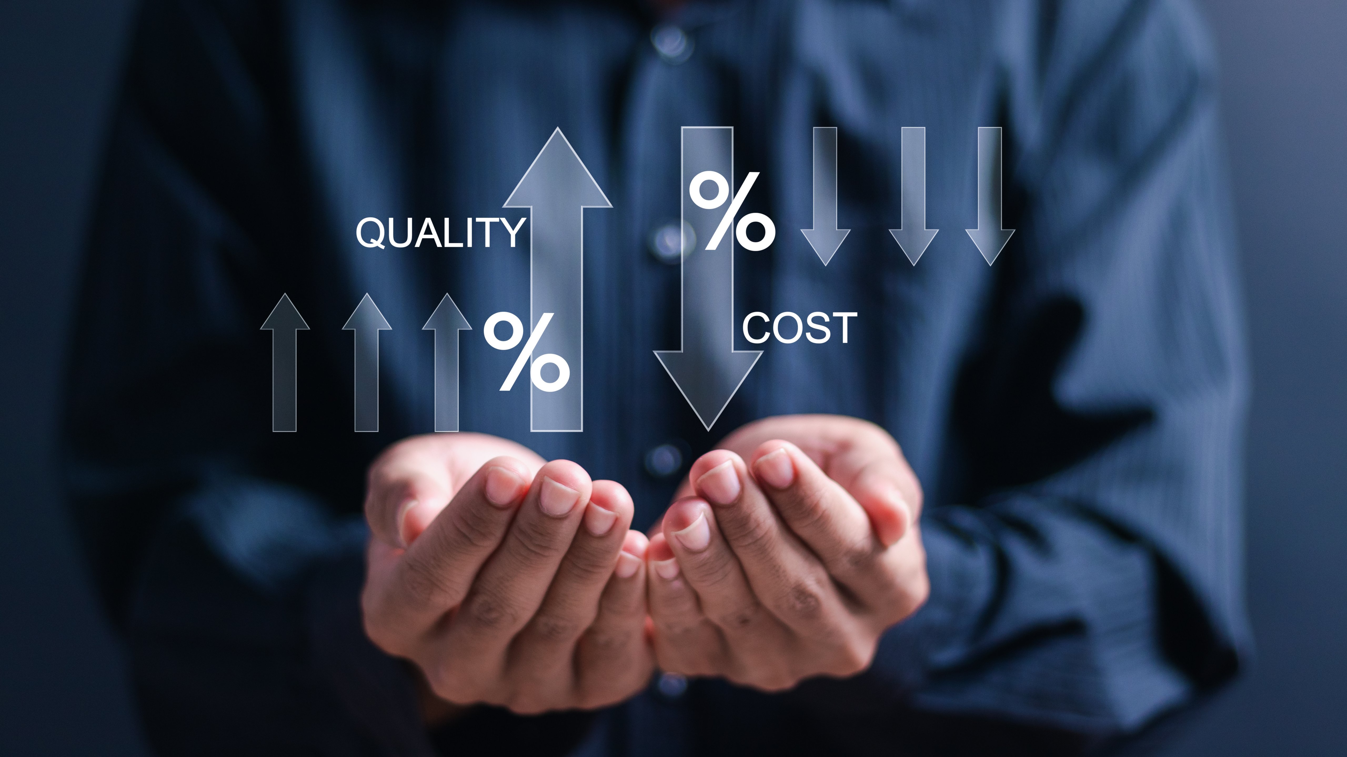 Cost and quality control concept. Person hold virtual cost and quality icons to Improve work efficiency for quality control and company cost reduction. Successful organization strategy and management