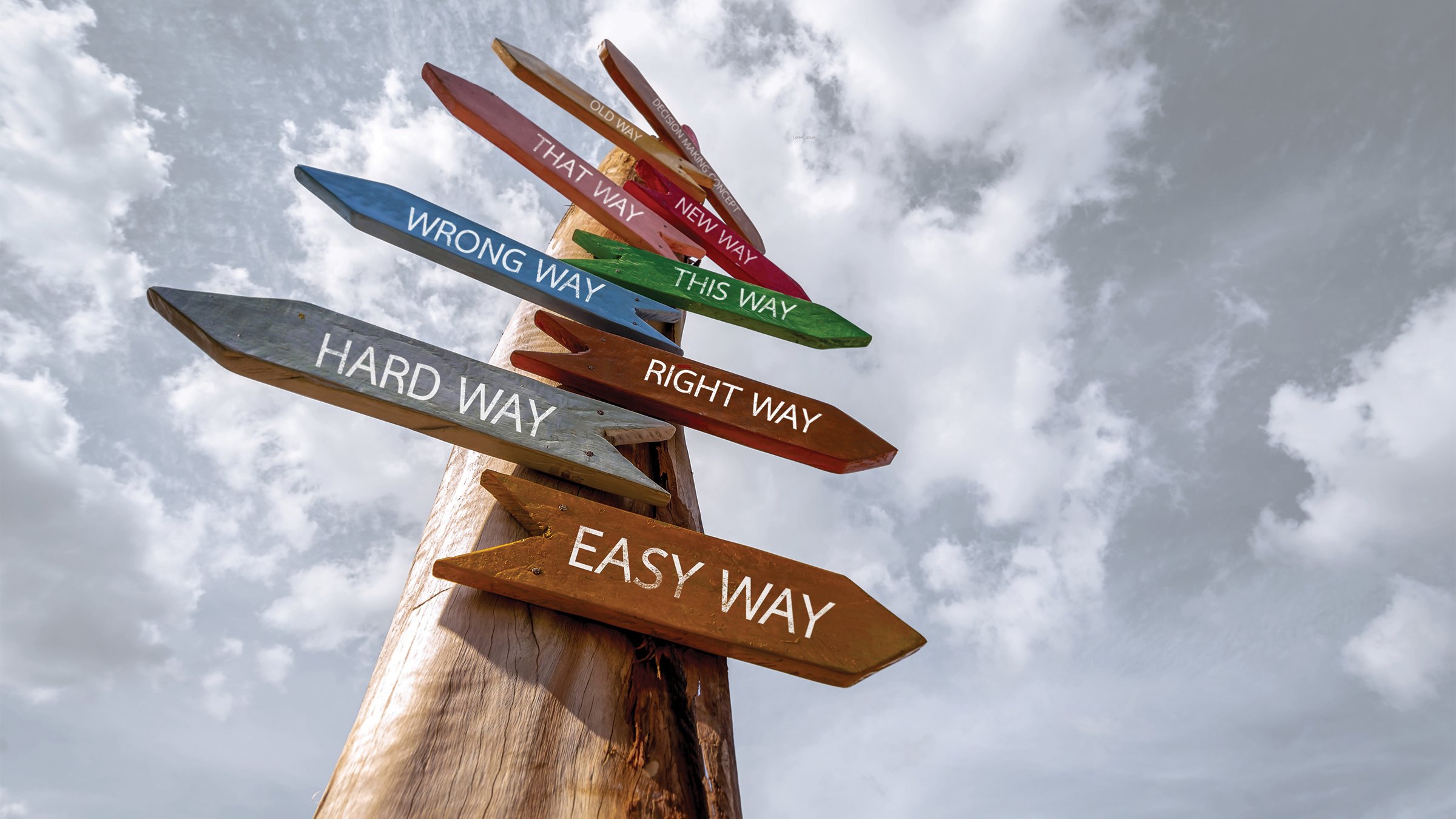 Decision-making concept of crossroad signpost saying Hard Way, Easy Way, Wrong Way, Right Way and many other ways. 