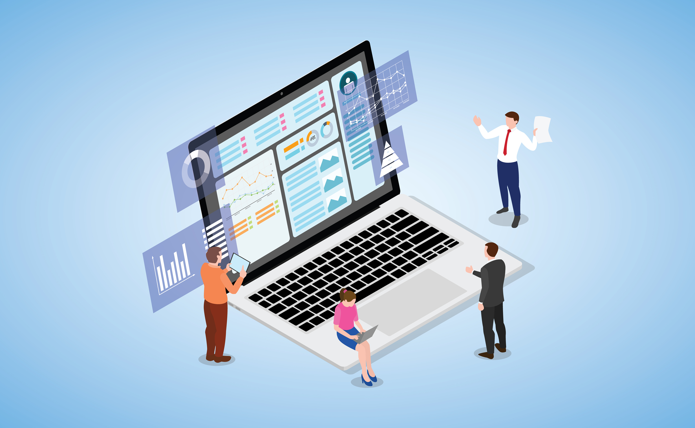 data visualization concept with some graph and chart analysis with team people and modern isometric flat style_ADO-346424758