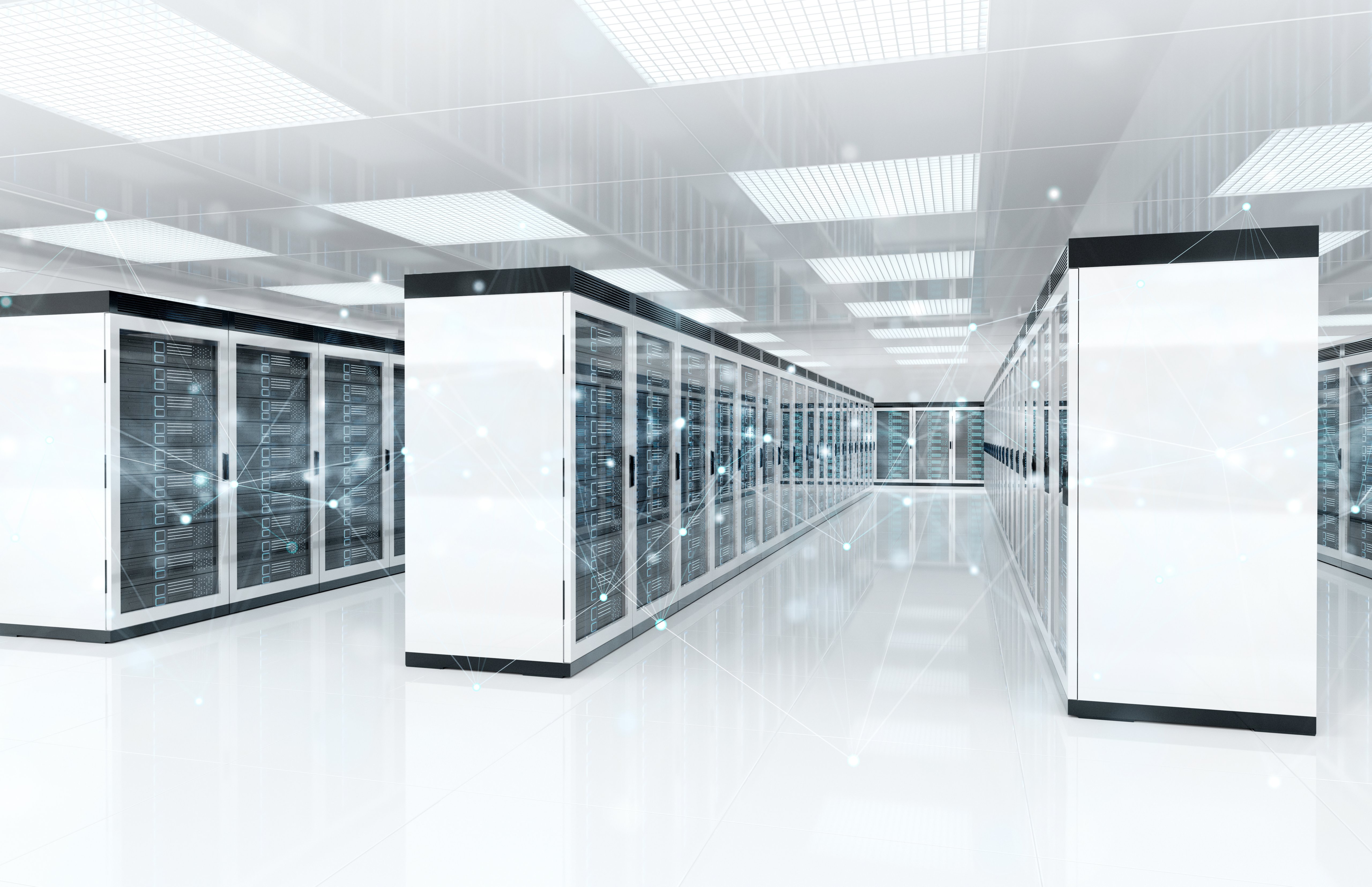 Connection network in white servers data center room storage systems 3D rendering