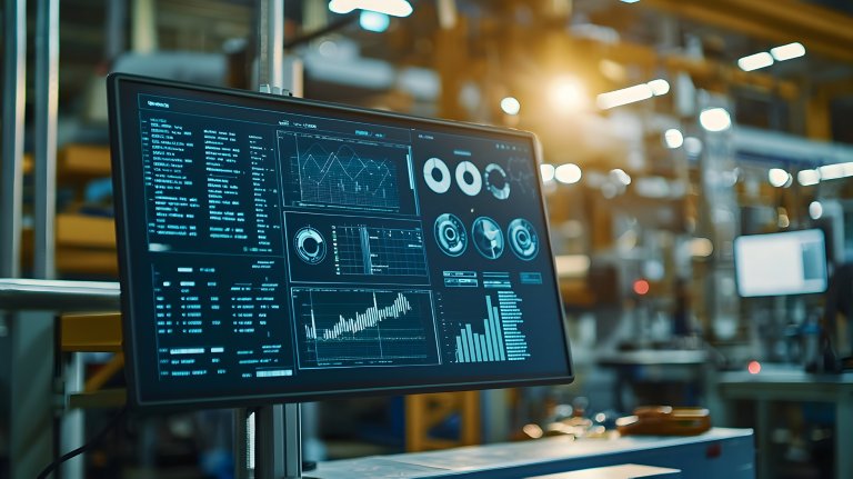Digitales Dashboard, auf dem Metriken zur Echtzeitsteuerung und Analysen zur datengestützten Werksoptimierung und Produktivitätsverbesserung angezeigt werden.