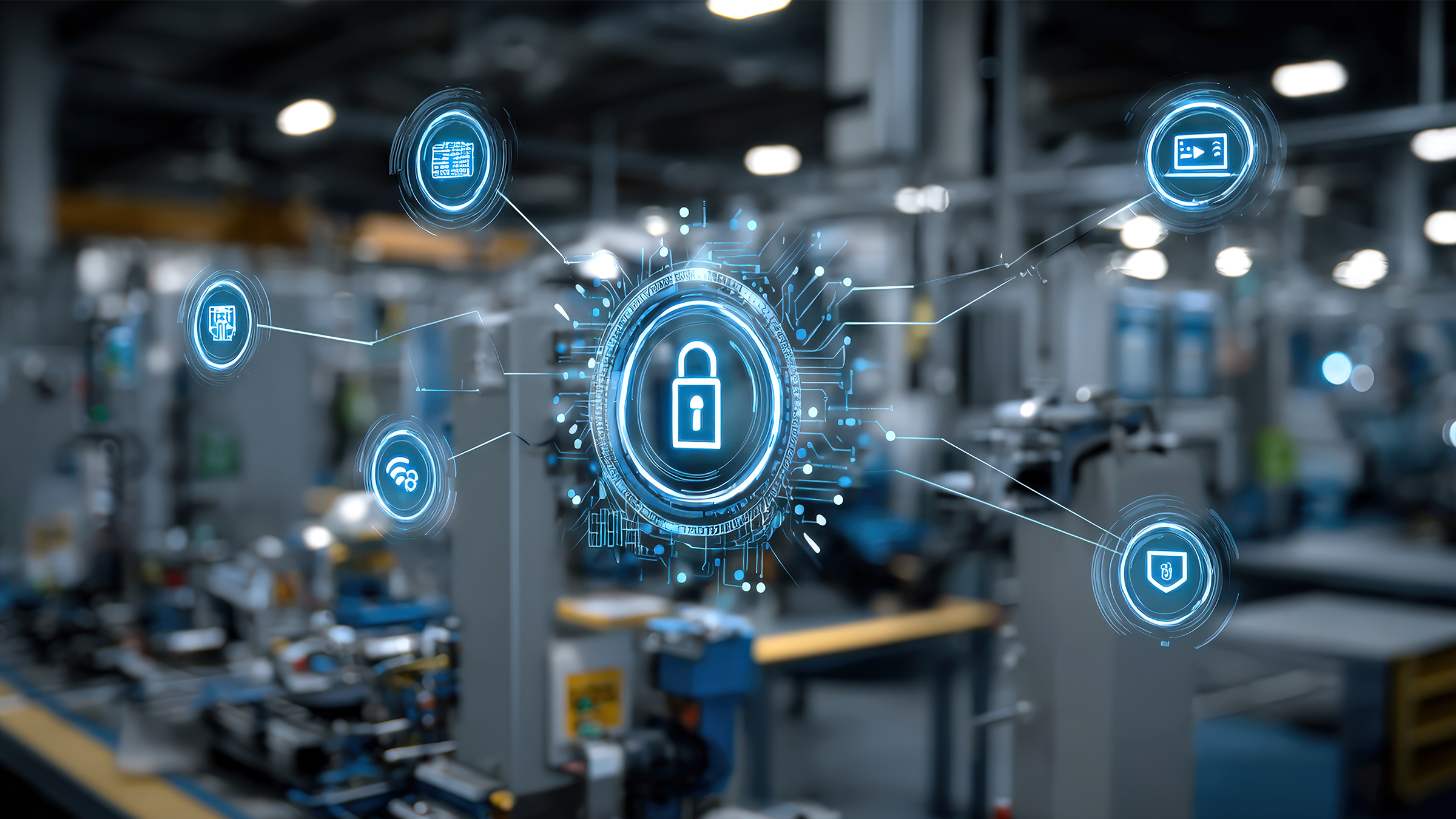 Digital lock icon with network connections in factory setting, representing cybersecurity in industrial automation and Internet of Things .