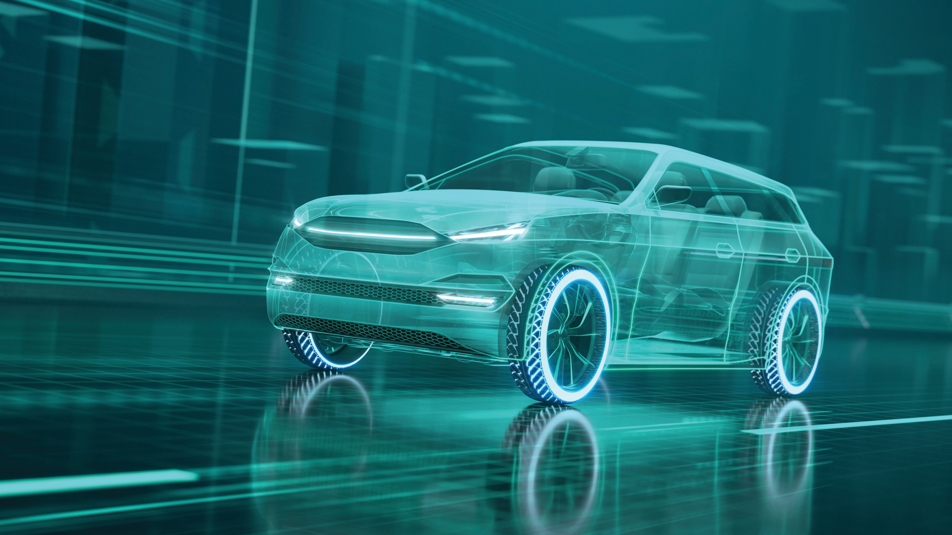 3D digital wireframe car concept on futuristic road and background