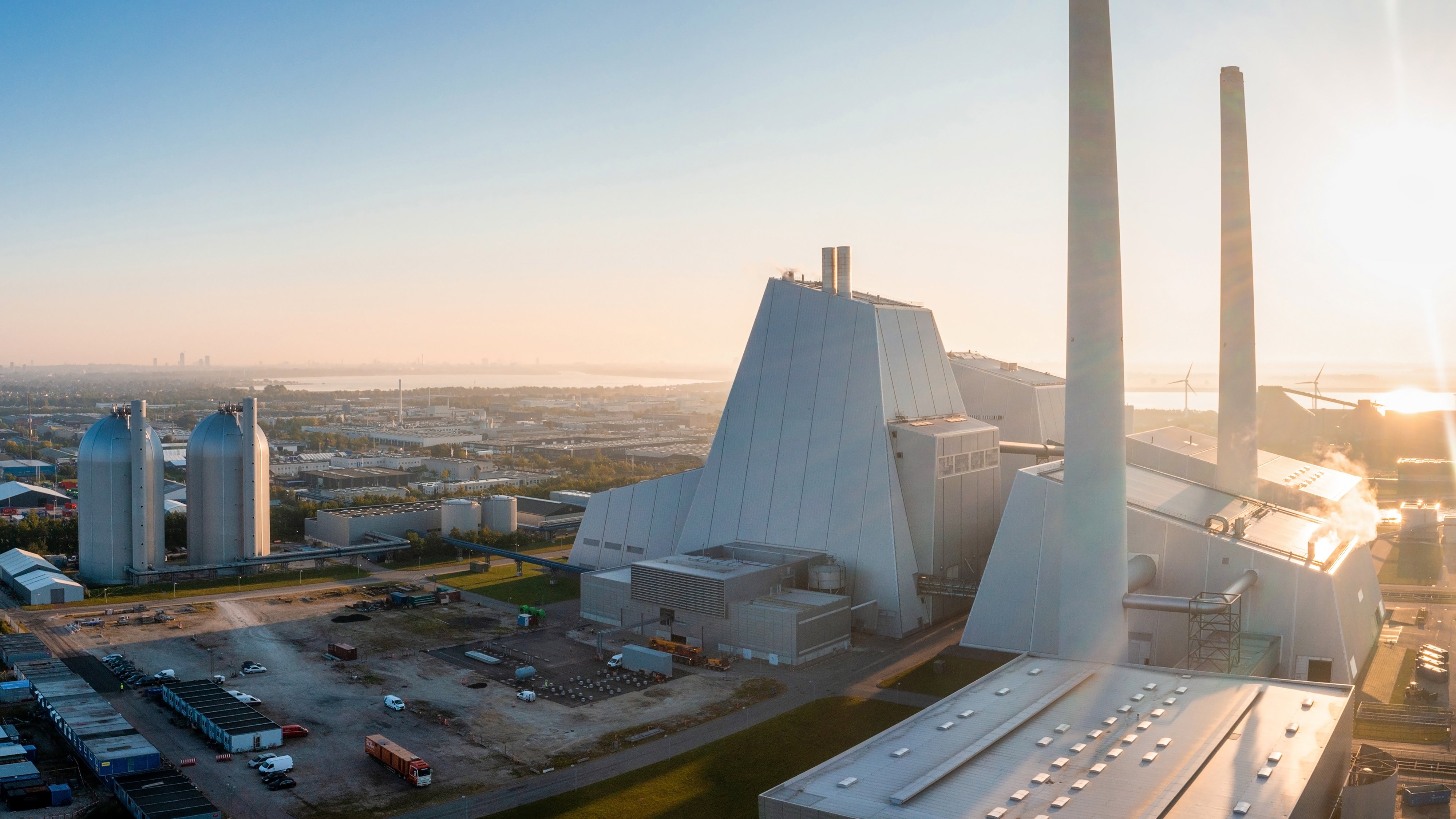 Aerial view of the Power station. One of the most beautiful and eco friendly power plants in the world. ESG green energy.