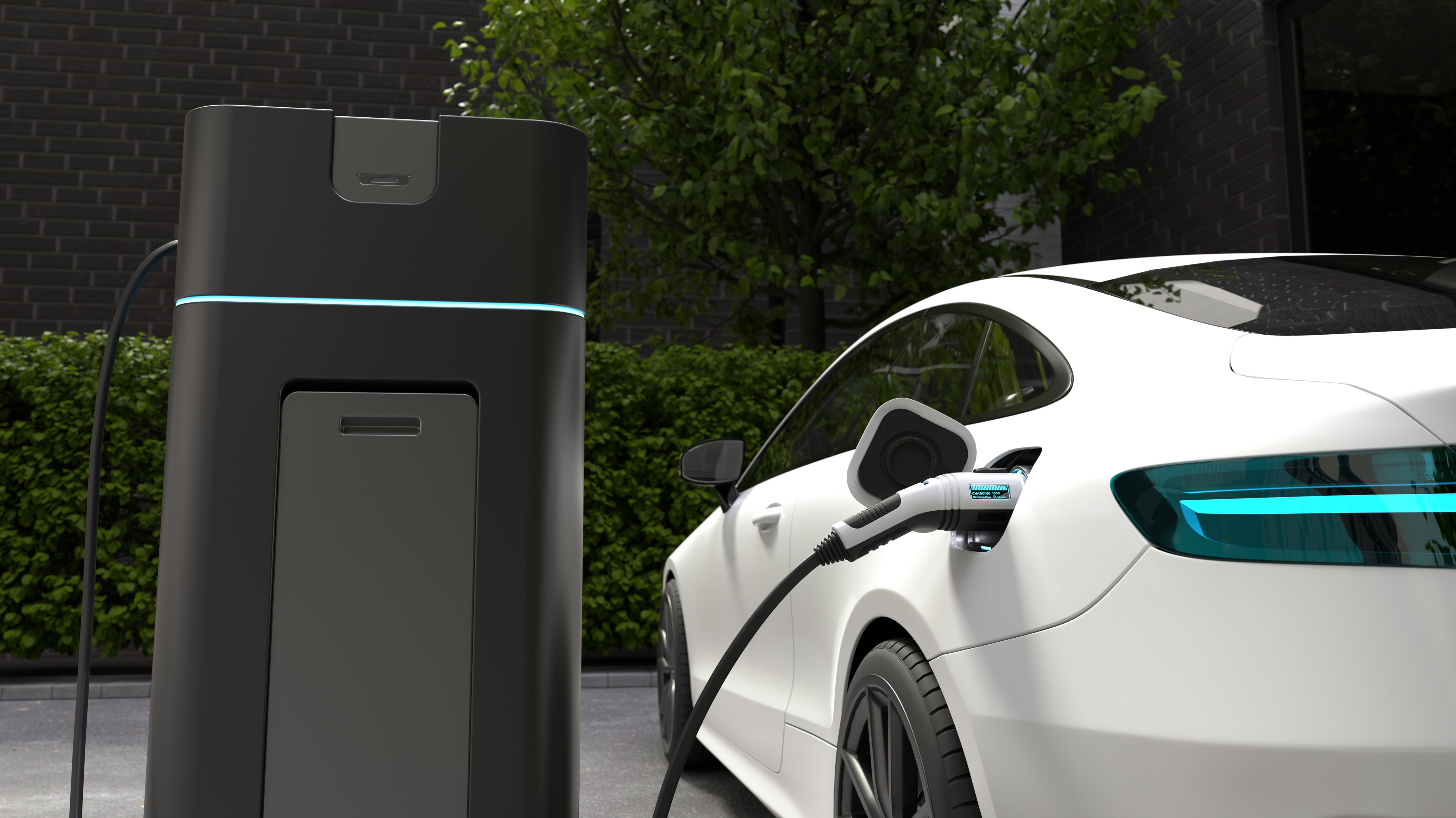 Electric car charging at home, Clean energy filling technology. 3D illustration