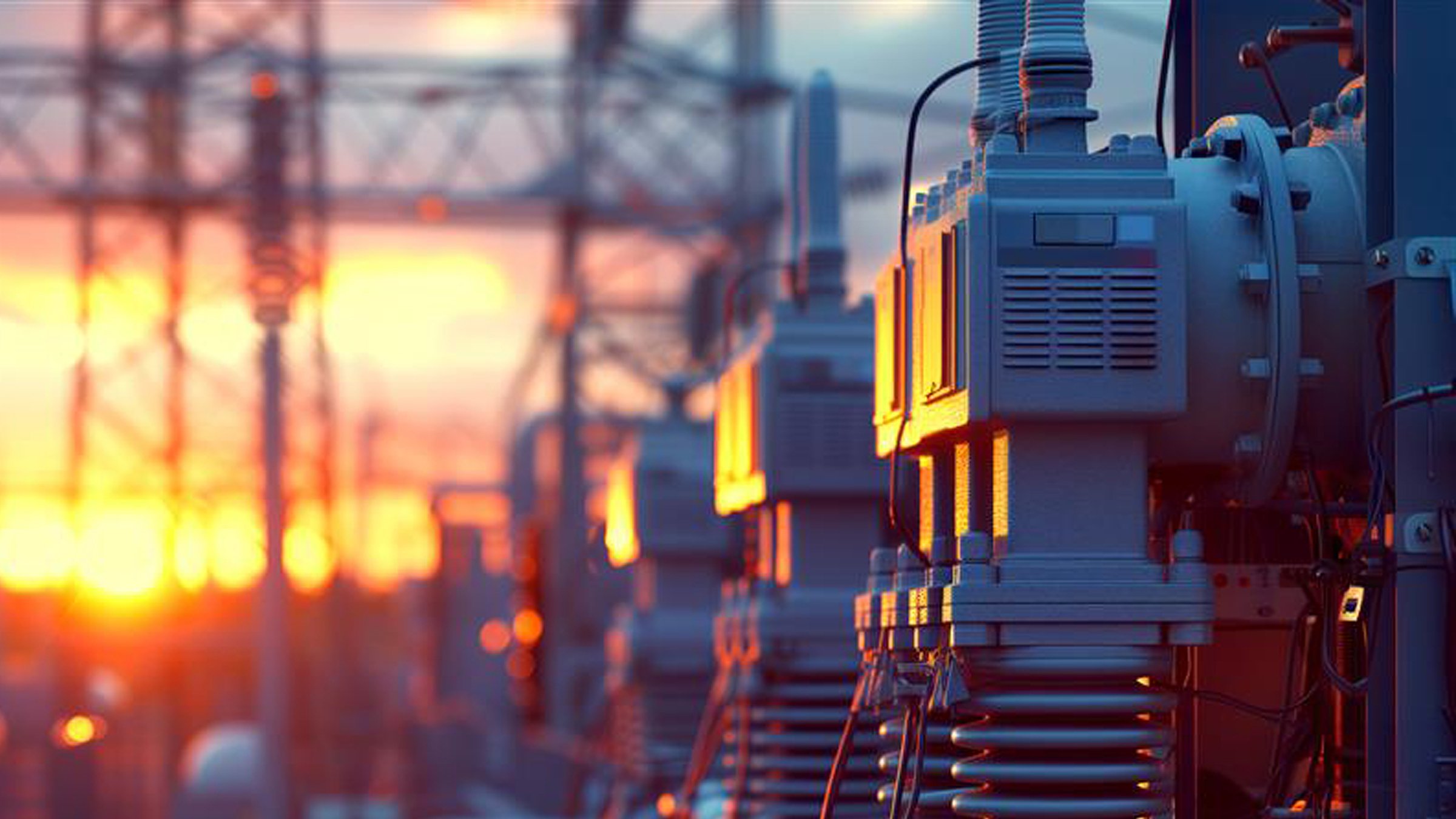 Substation with switchgear and transmission transformers for NERC CIP regulations for high voltage electric power AI Generative image at sunset. 