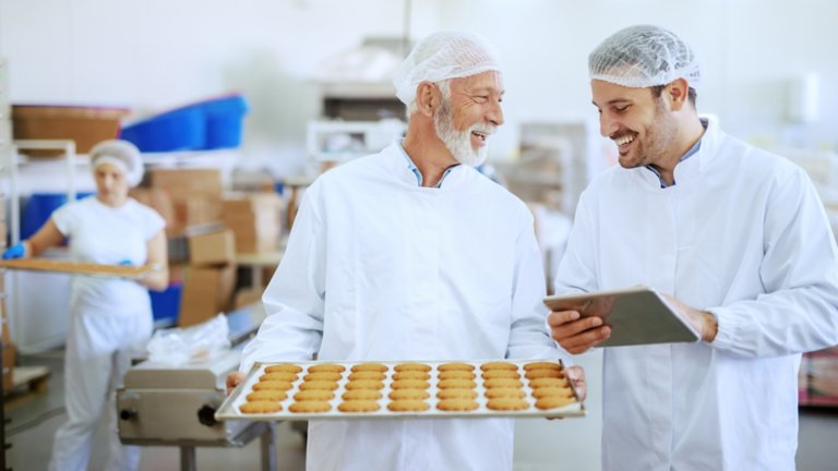 Senior adult employee holding tray with fresh cookies while supervisor evaluating quality and holding tablet. Both are dressed in sterile white uniforms and having hairnets. Food plant interior.