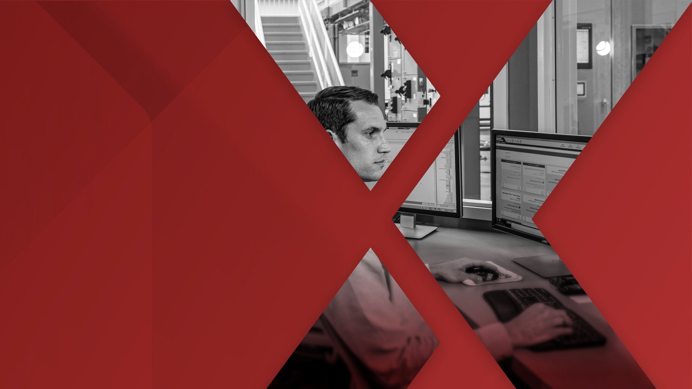 Engineer in control room with red overlay of arrow and "x" as pictured in the DCSNext logo