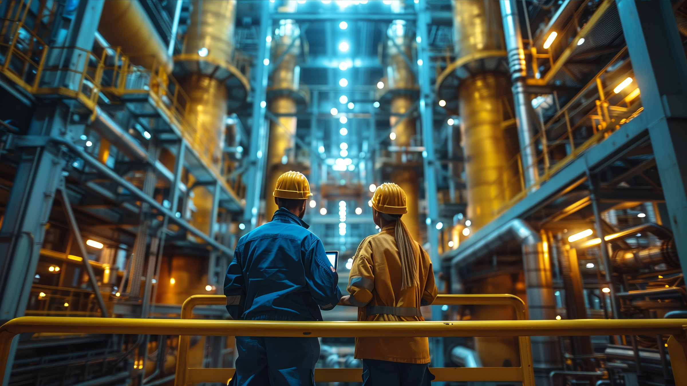 Chemical industry plant - workers in work clothes in a refinery with pipes and machinery.