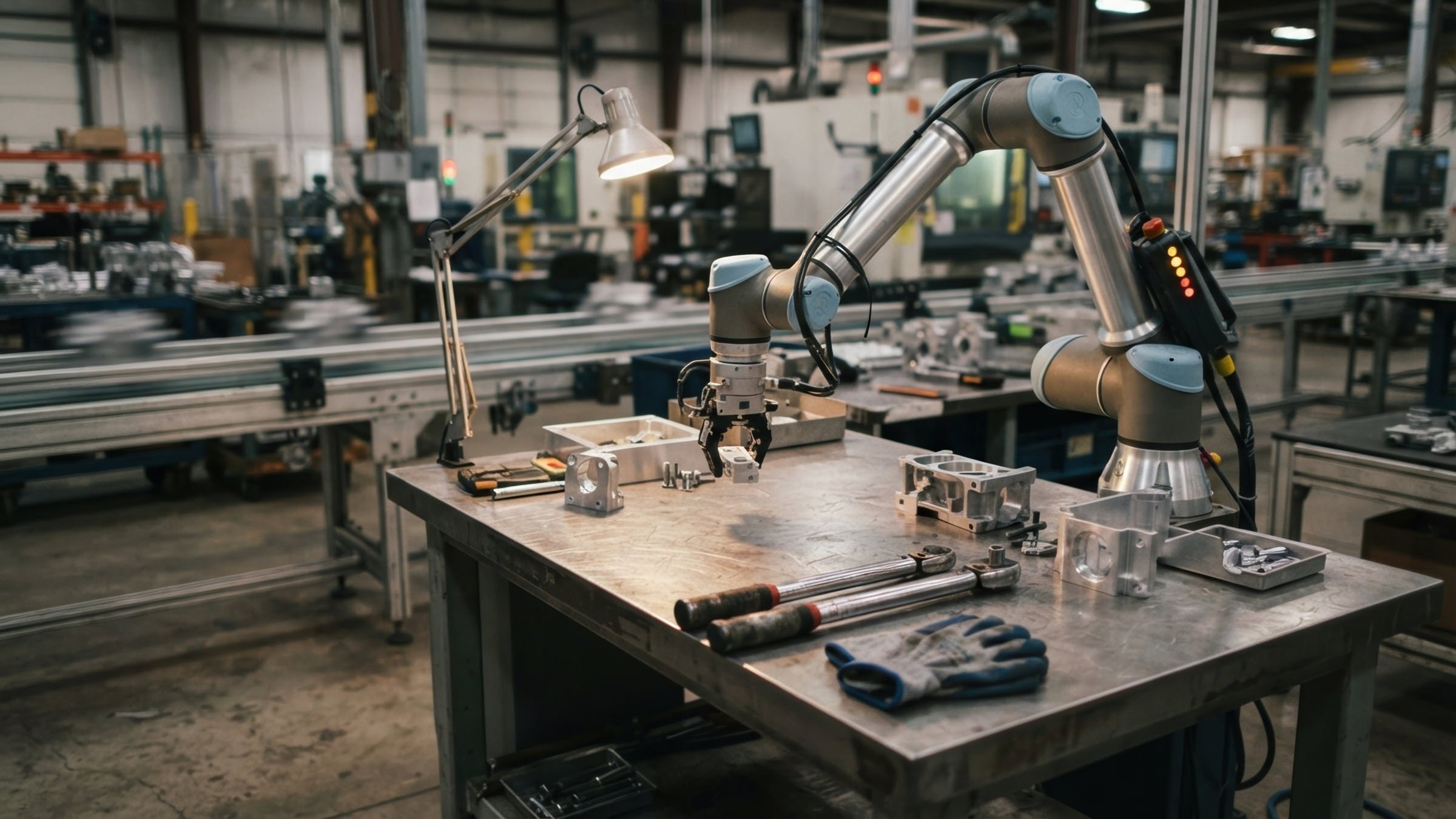 Industrial robot arm beside torque wrenches, safety gloves, and machined aluminum parts, showing manufacturing labor transition and factory automation. 