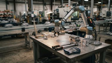Industrial robot arm beside torque wrenches, safety gloves, and machined aluminum parts, showing manufacturing labor transition and factory automation. 