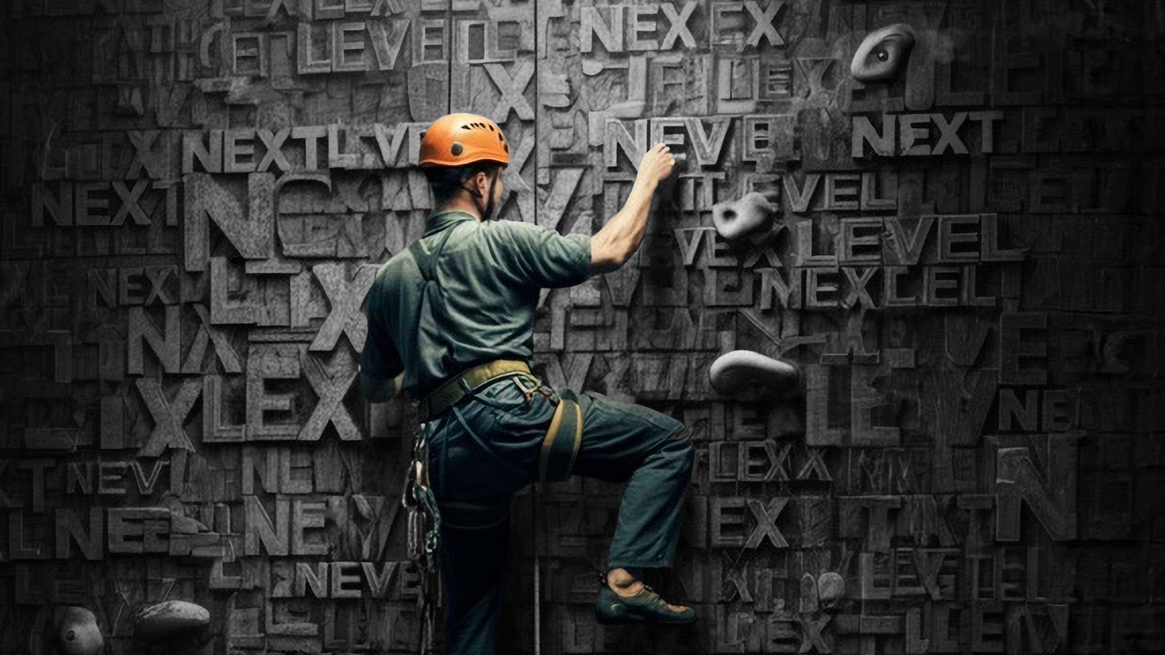 Factory worker solo climbing a wall with hand holds made from 2 stacked words “next level” repeating endlessly.