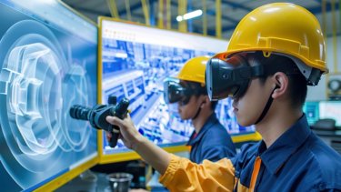 Factory workers examine digital twin model for machinery optimization in manufacturing plant.