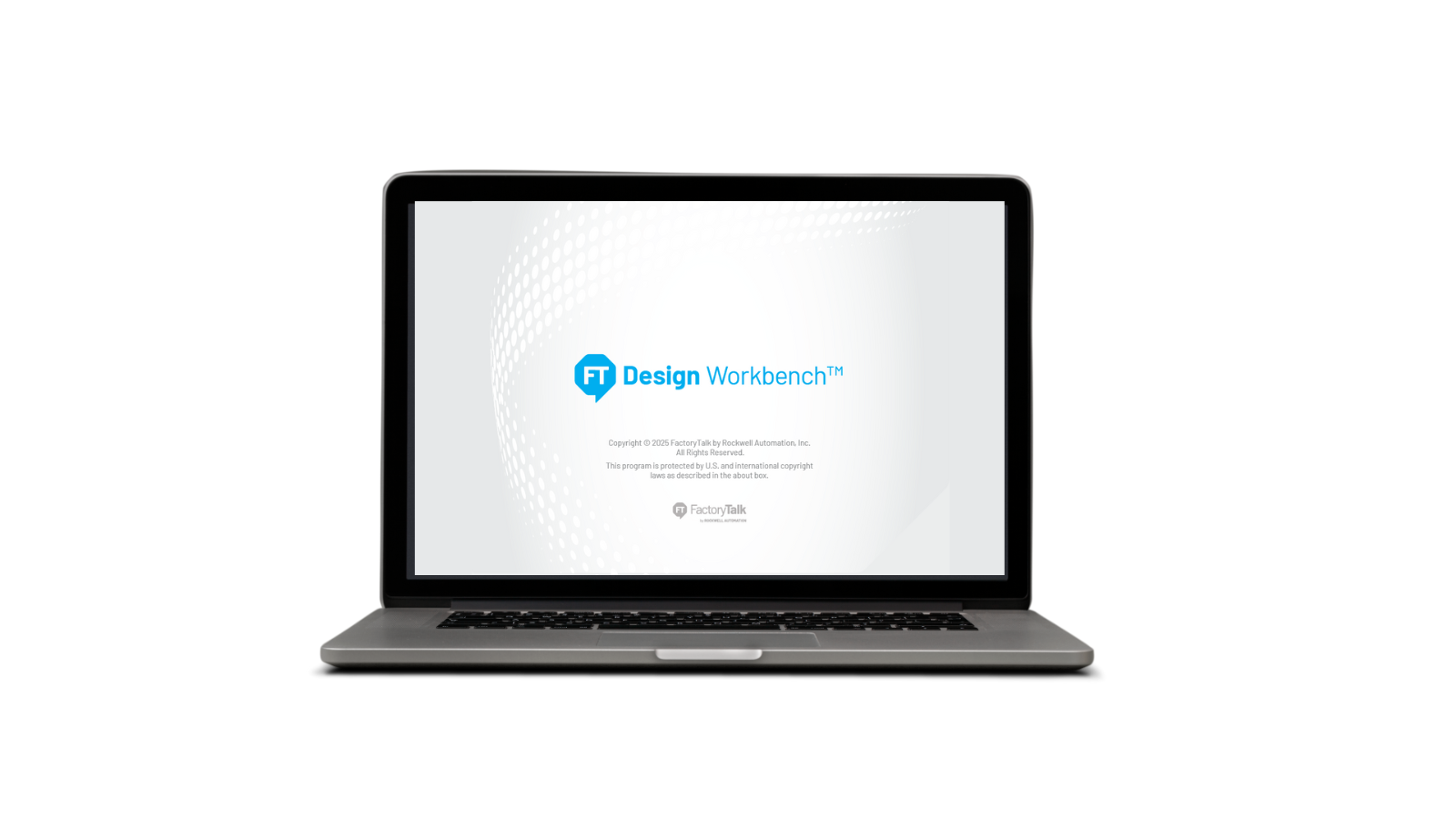FactoryTalk Design Workbench software 2025 splash screen on laptop