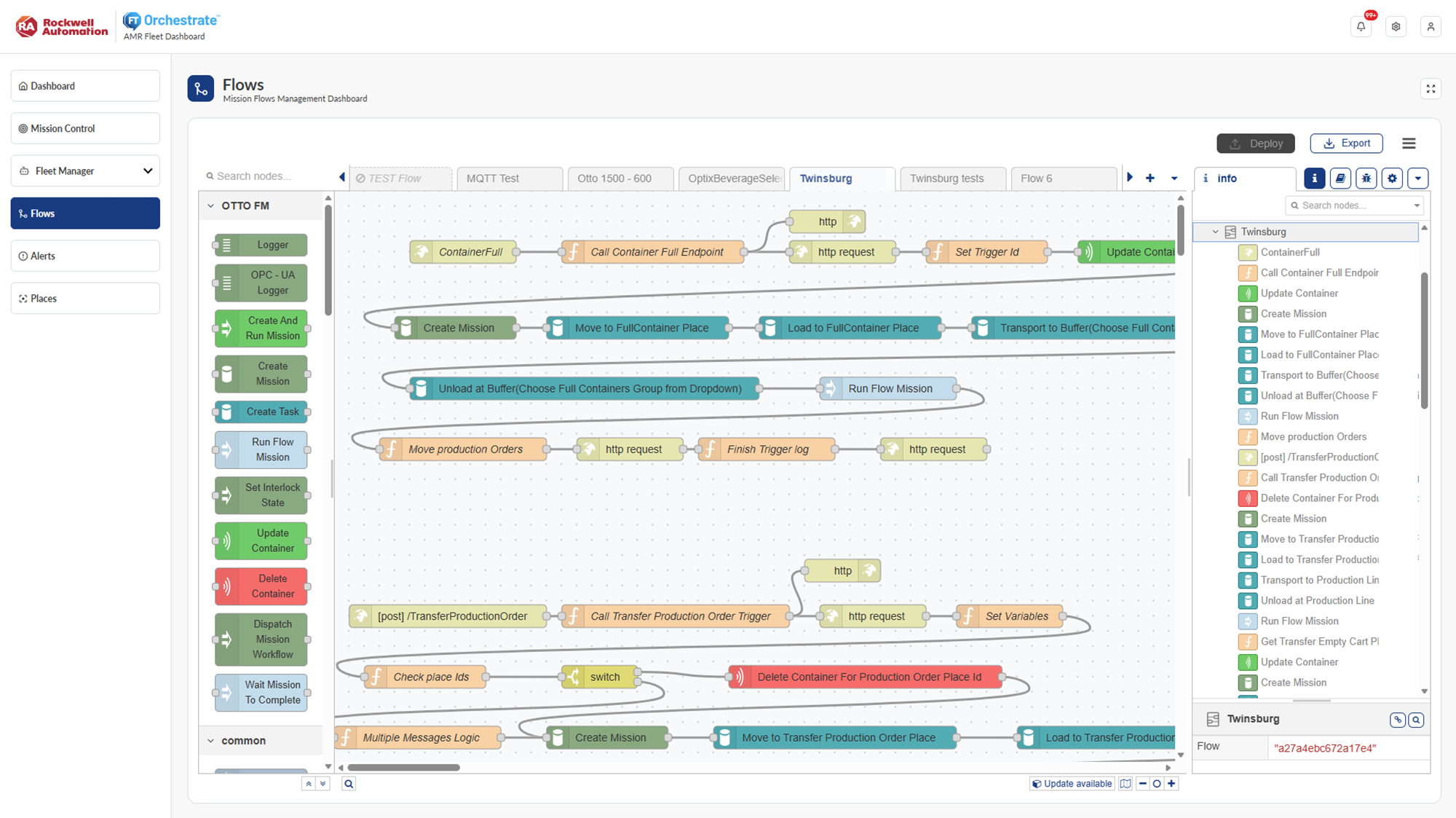 A FactoryTalk Orchestration software screen showing the flow builder chart.