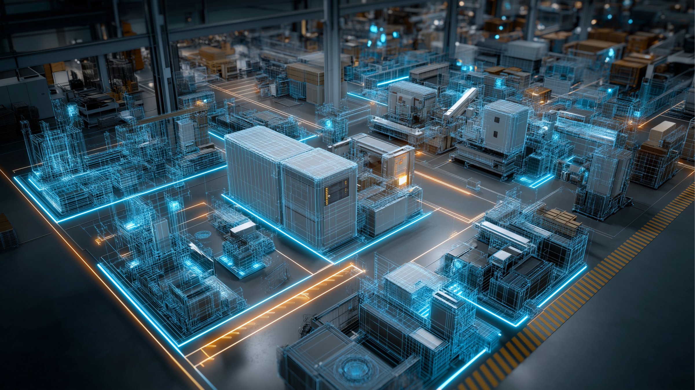 A smart factory with a blue digital overlay on top of it showing data and connectivity