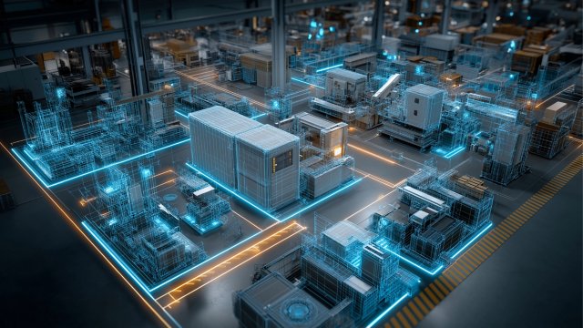 A smart factory with a blue digital overlay on top of it showing data and connectivity