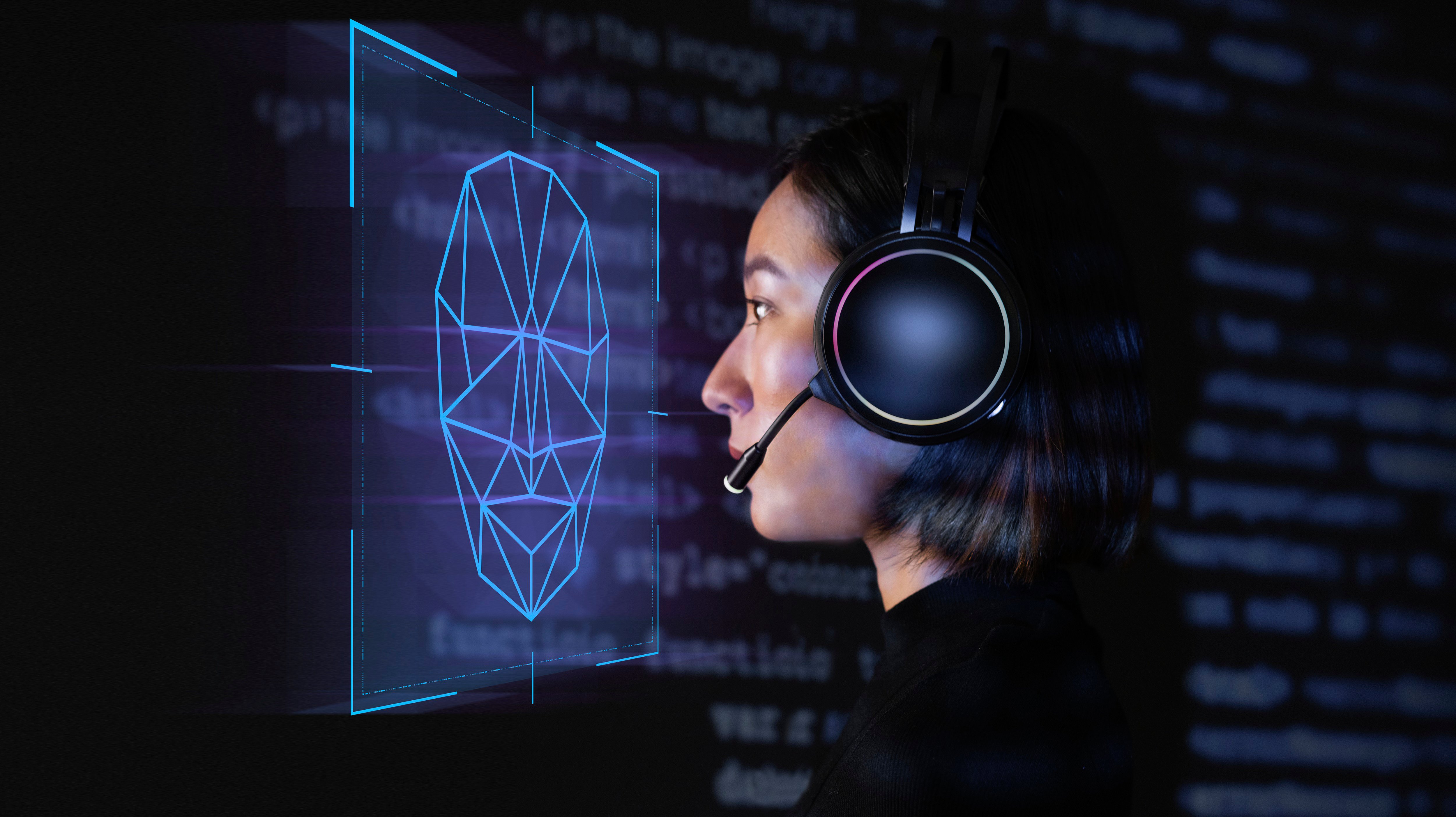 Female programmer scanning her face with biometric security technology on virtual screen digital remix