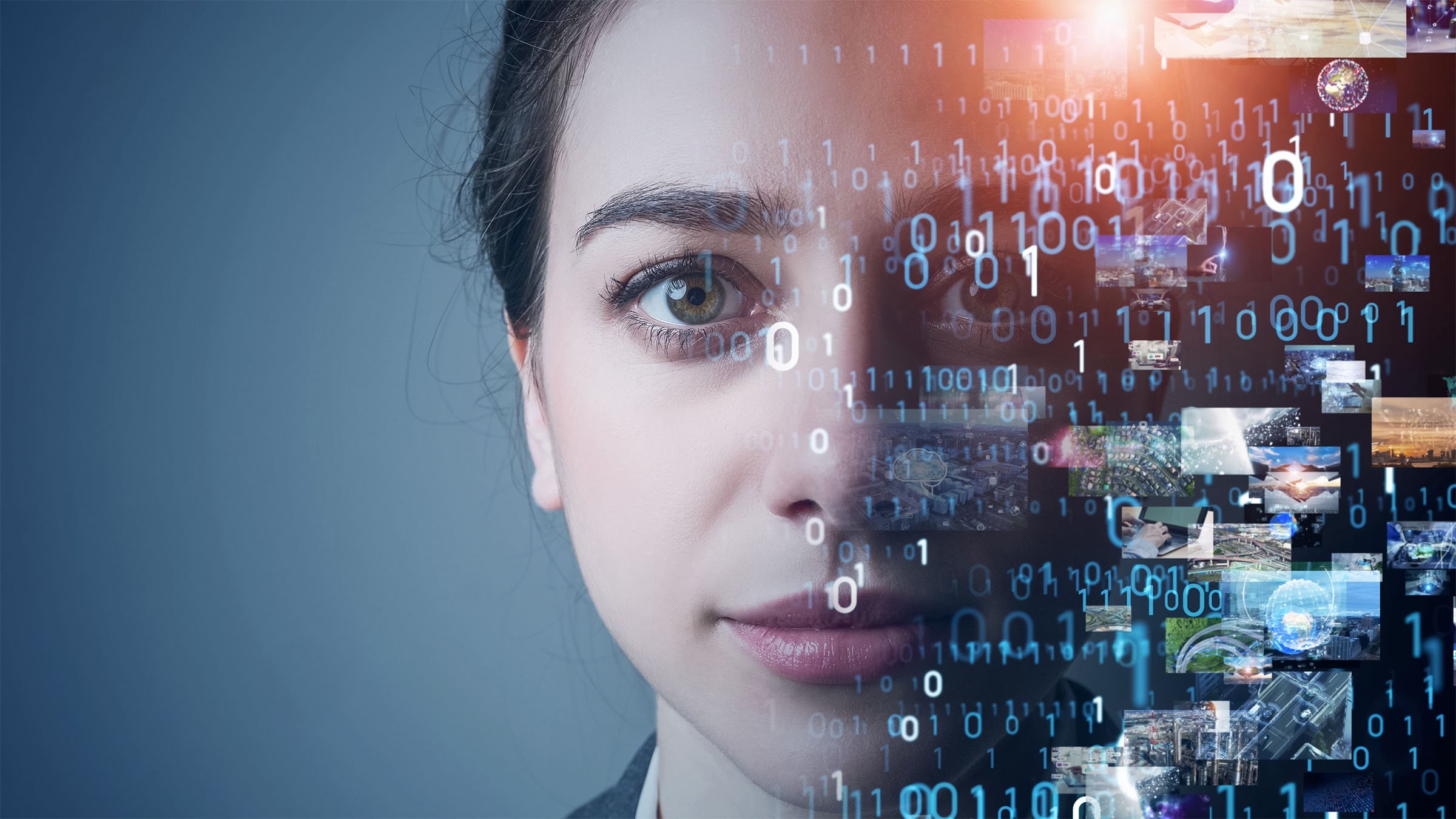 Female worker looking toward viewer through coding and other symbols representing artificial intelligence and smart manufacturing.