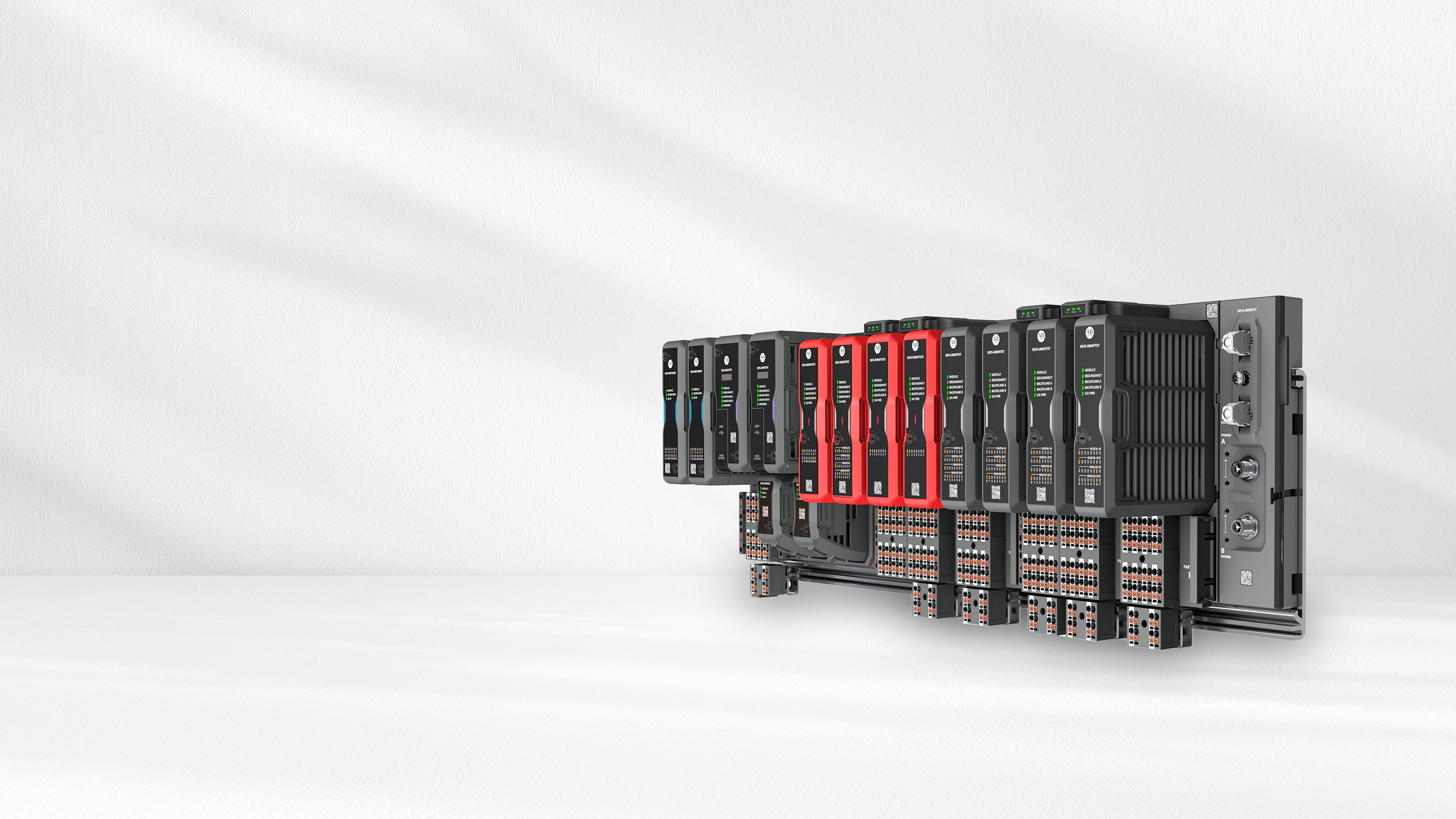 FlexHA 5000 I/O in chassis with safety I/O in middle, showing front and right side view