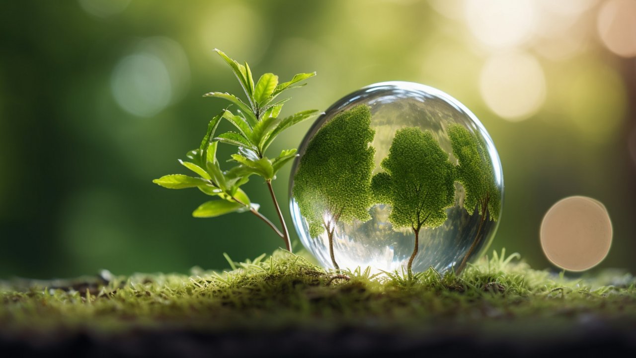 Photo glass globe ball with tree growing and green nature blur background eco earth day concept.