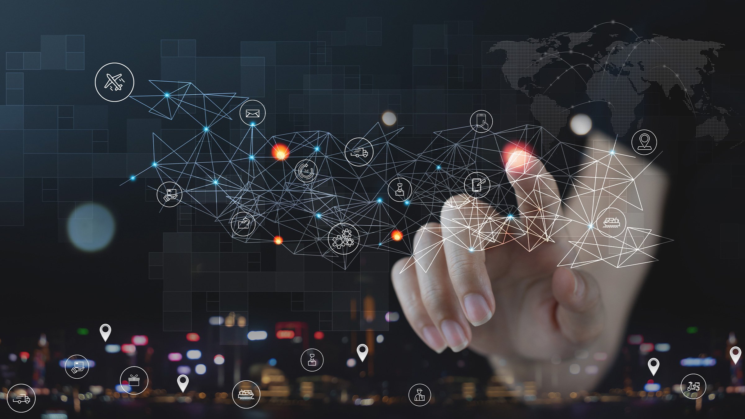 Visualizzazione della rete digitale che rappresenta la connettività globale, lo scambio di dati, le operazioni della supply chain e la tecnologia aziendale moderna.
