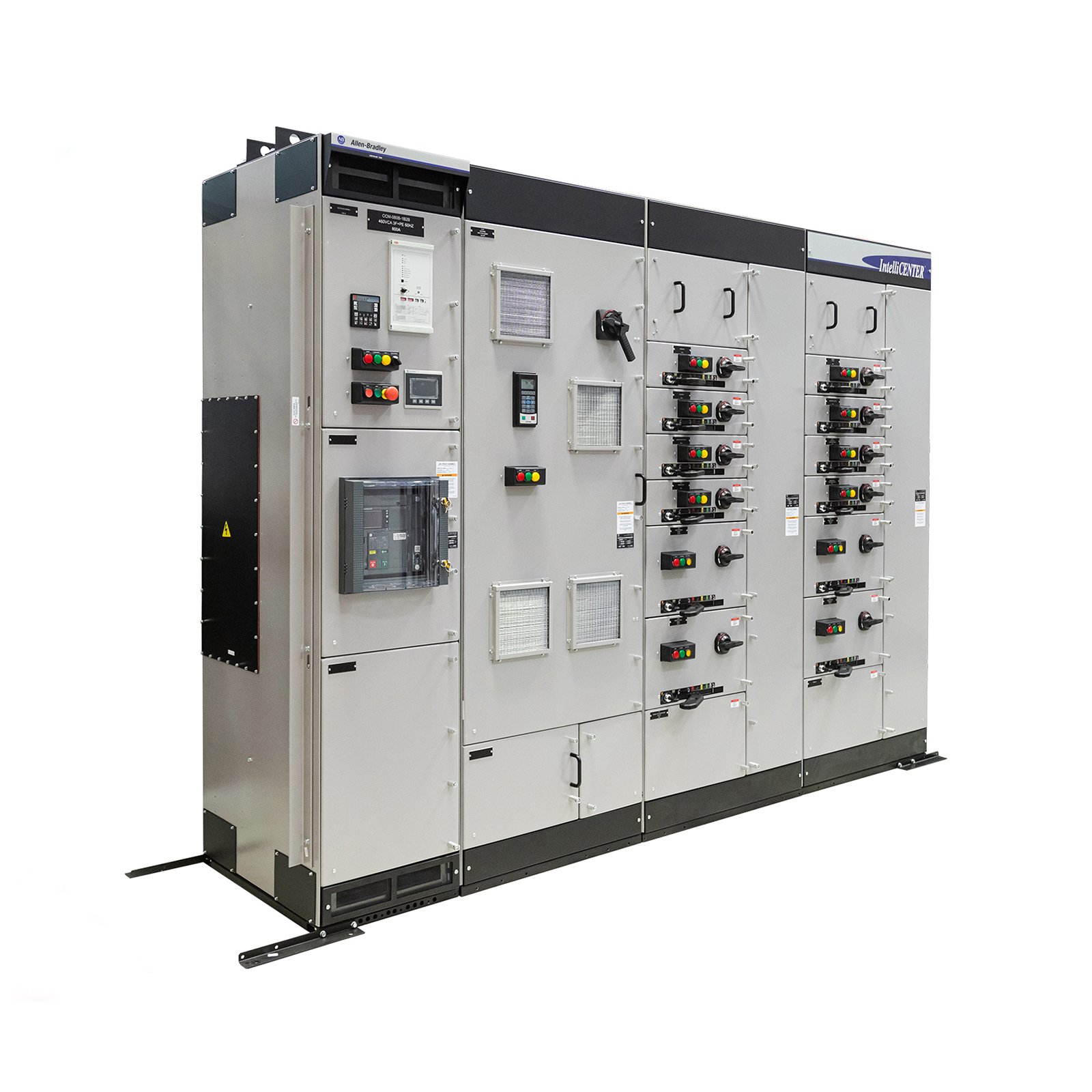 A CENTERLINE 2500 motor control center is a large industrial gray metal cabinet. On the outside, multiple sections show a combination of electronic multi-colored push buttons, touch screens, door latches with safety locking devices and baffles. Inside the MCC are electronic components for controlling motors and starters and sending data used to run industrial facilities.