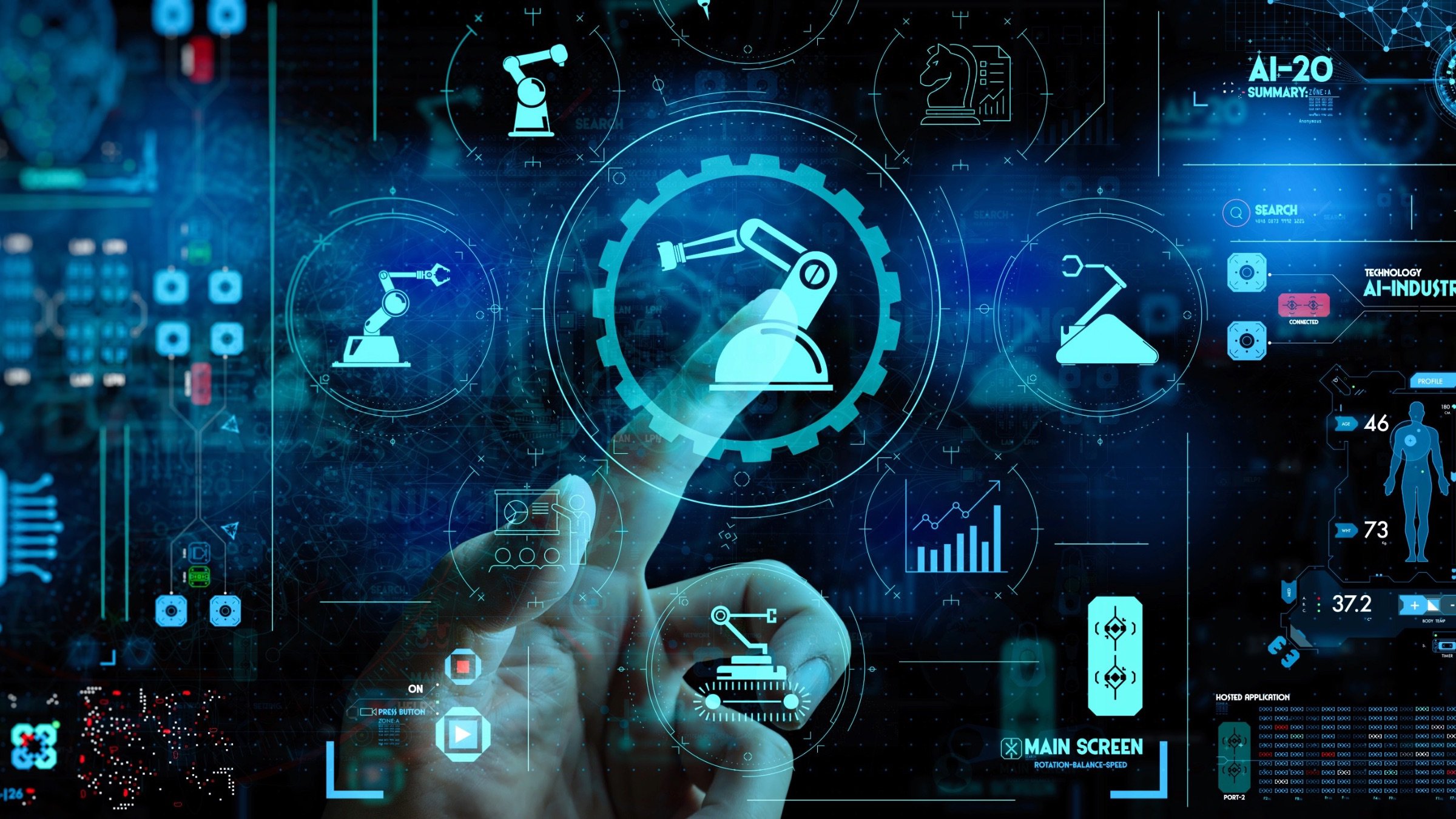 Finger clicking on a transparent screen showing a robotic arm icon and other automotive industrial controls.