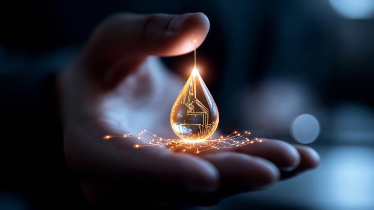 hand holding oil drop with electrical circuits surrounding it