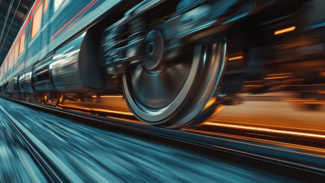 Detailed close-up of a high-speed train zooming past, with motion blur of the wheels and surrounding environment, highlighting the train's incredible speed.
