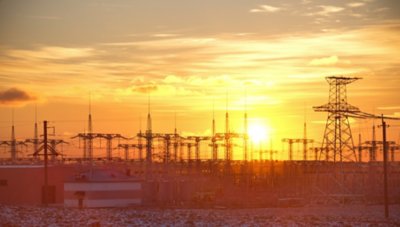 High voltage lines in sunset