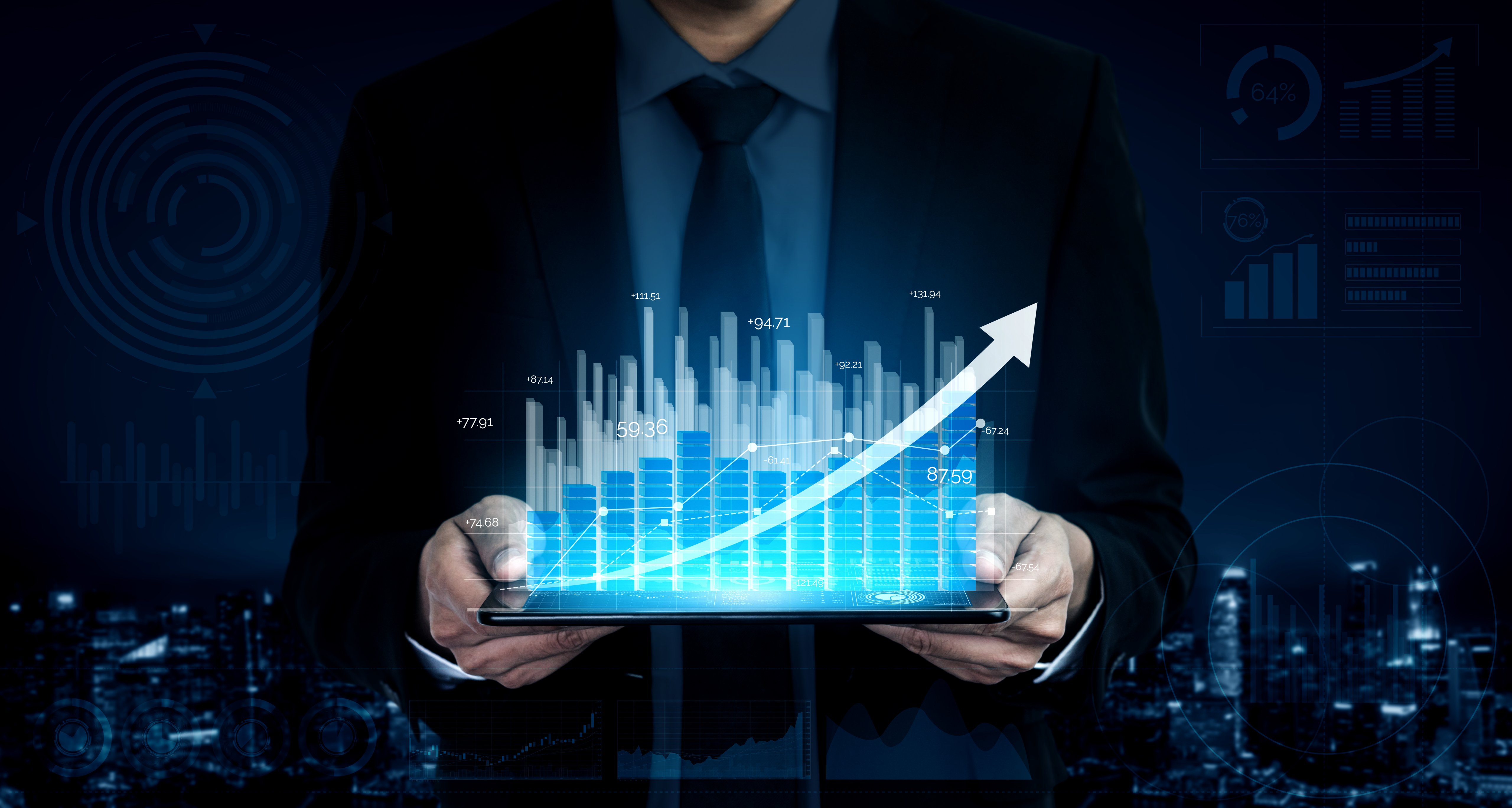 Double Exposure Image of Business and Finance - Businessman with report chart up forward to financial profit growth of stock market investment.