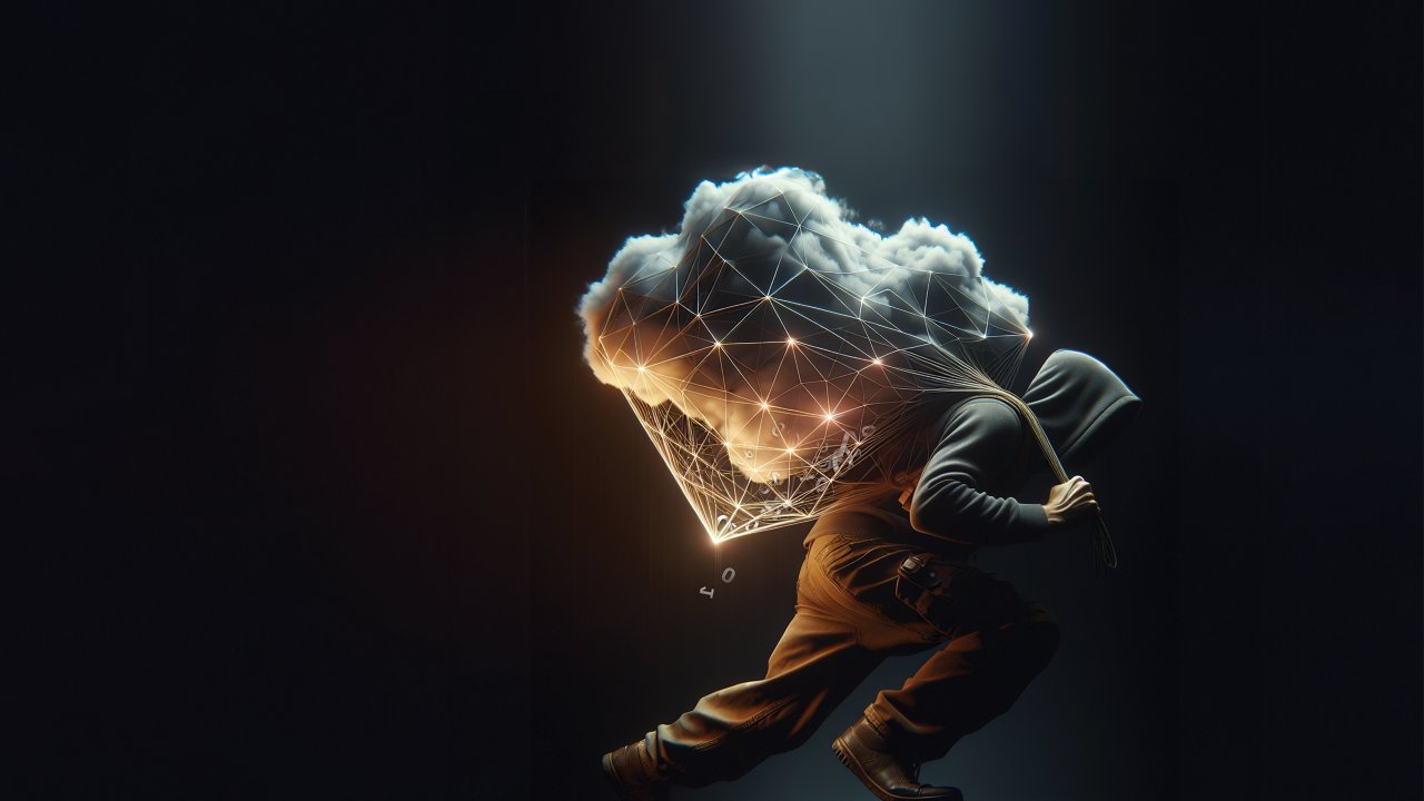 A hunched burglar carrying a linear, network-like net slung over his shoulder holding a data cloud; soft colorful light from above.