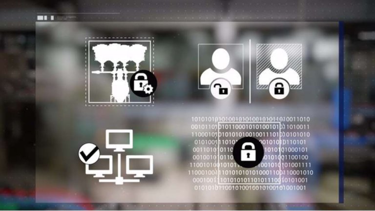 A dashboard view of 4 grey and white icons with locks on top of them,  the upper left corner has equipment with a lock symbol, the upper right corner has two people one with an unlock symbol and one with a locked symbol, the lower left has a setup of three computers with a check mark, and the lower right has unreadable data with a locked symbol