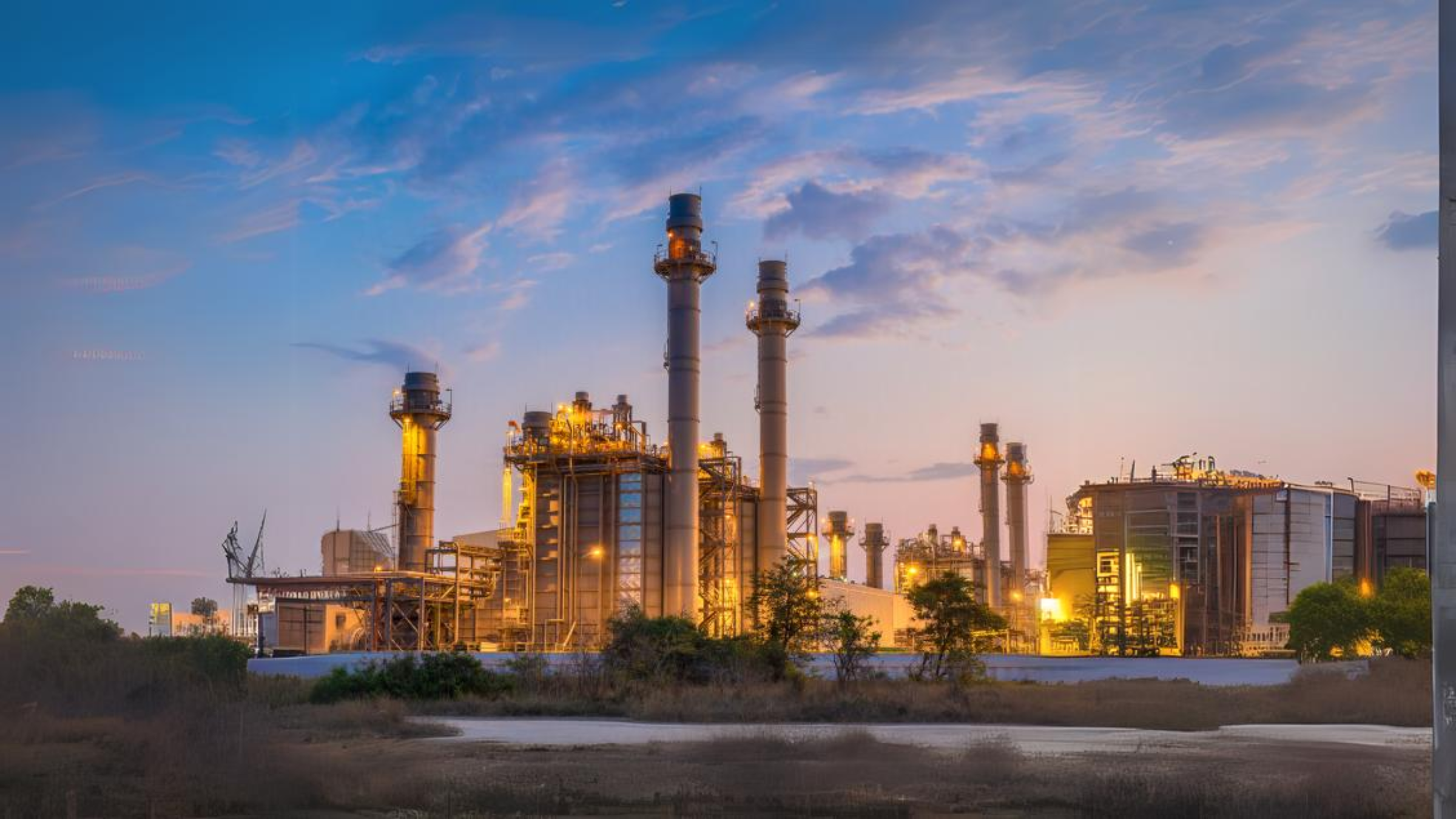 Gran planta industrial al anochecer bajo un cielo azul