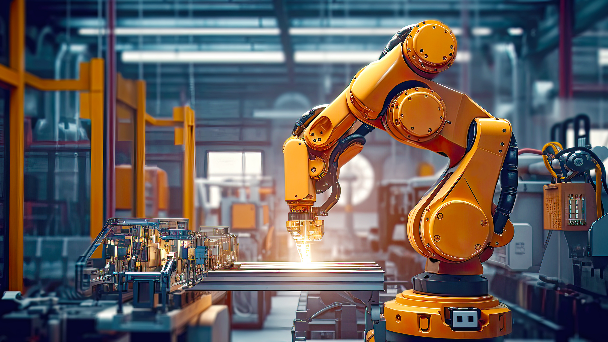 Industrial robot works automatically in smart autonomous factory. Postproducted generative AI illustration. 