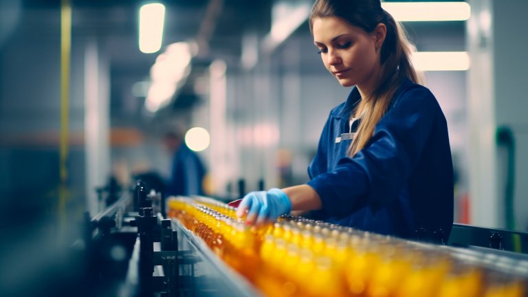 Mujer inspeccionando botellas de jugo de naranja en la línea de producción