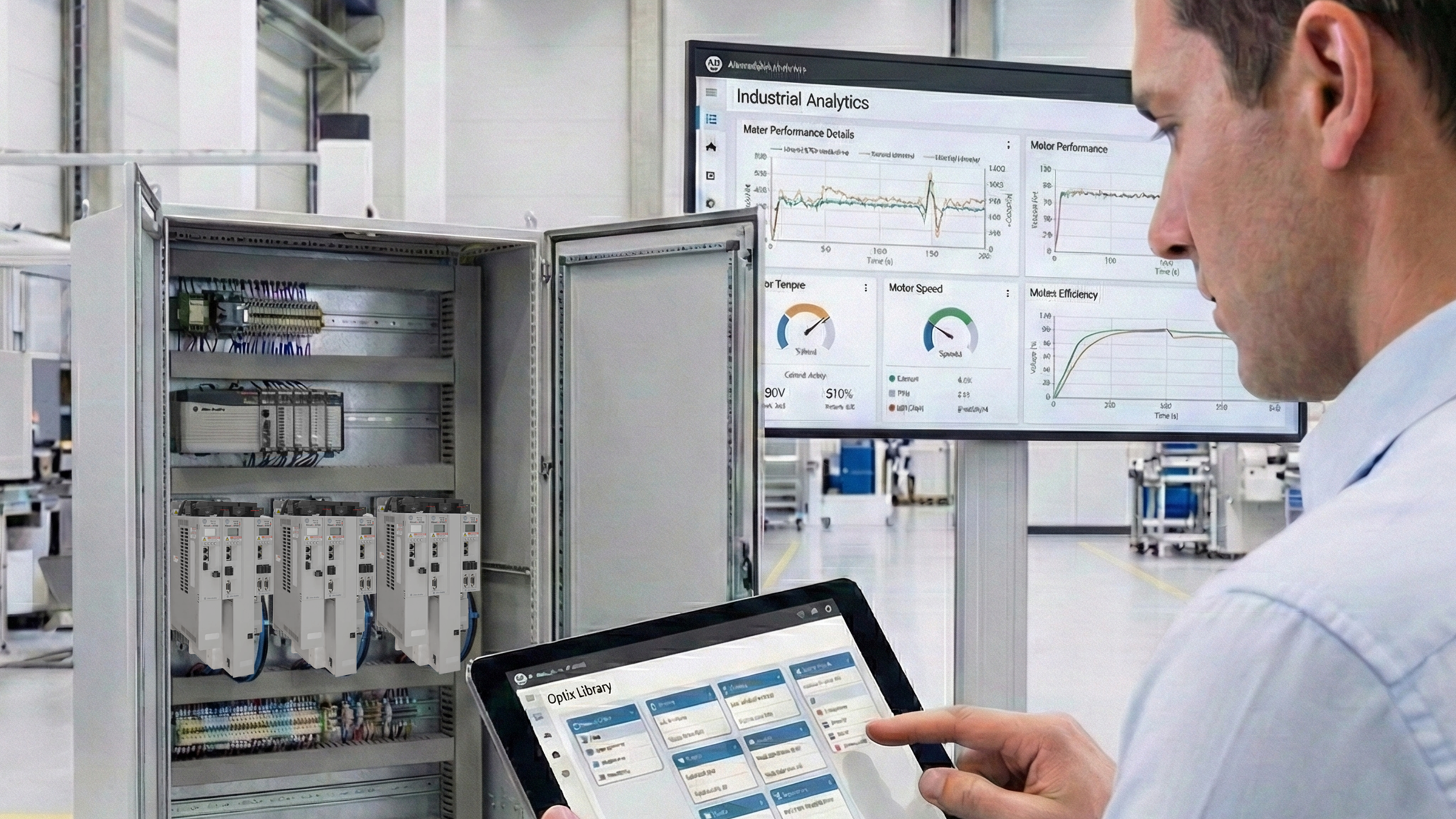 A man interacts with a tablet to manage a machine, highlighting the use of digital devices in operational tasks.