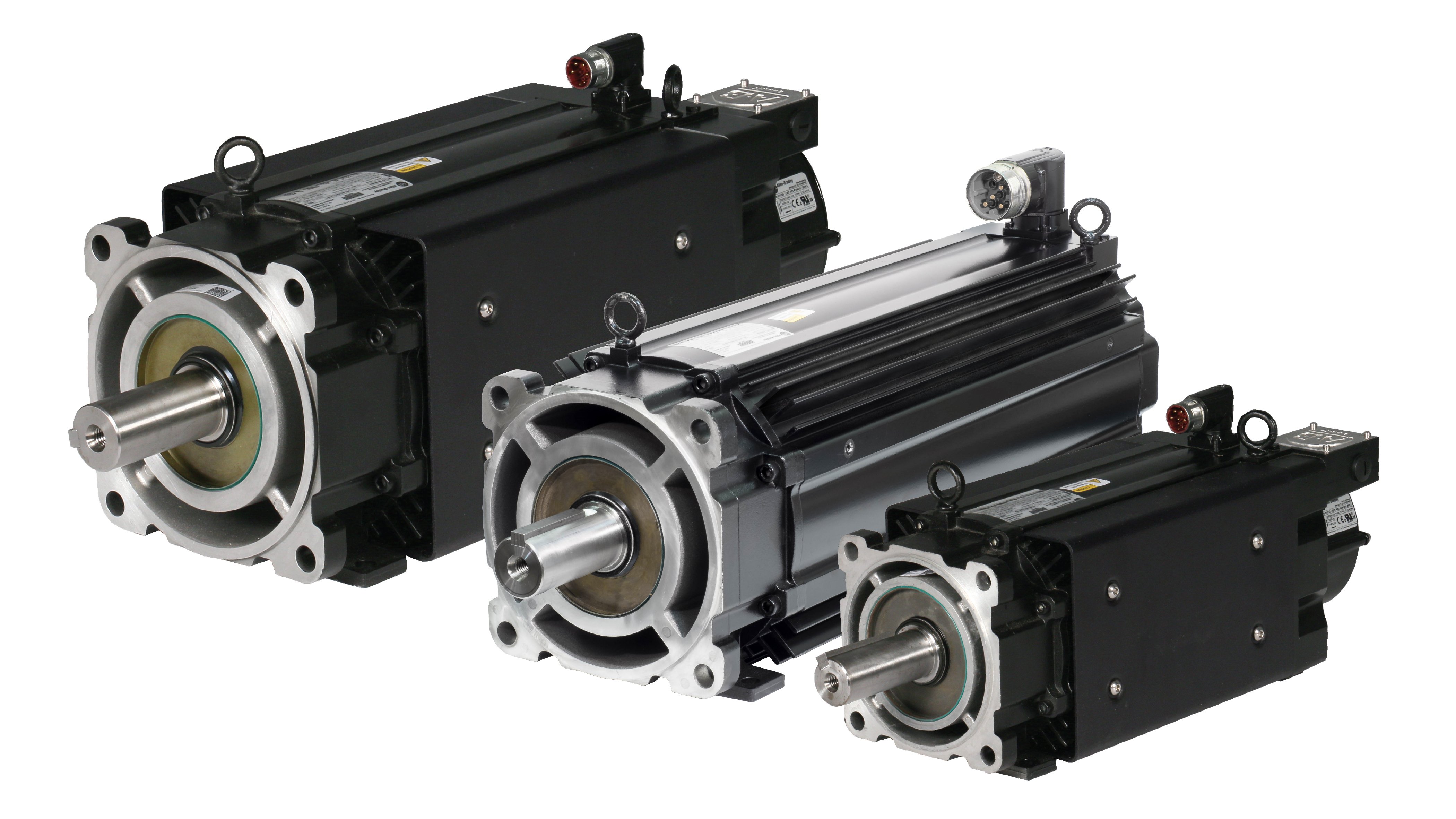 Three black Kinetix VPC  Continuous-duty Servo Motors lined up from largest on the left and moving smaller.