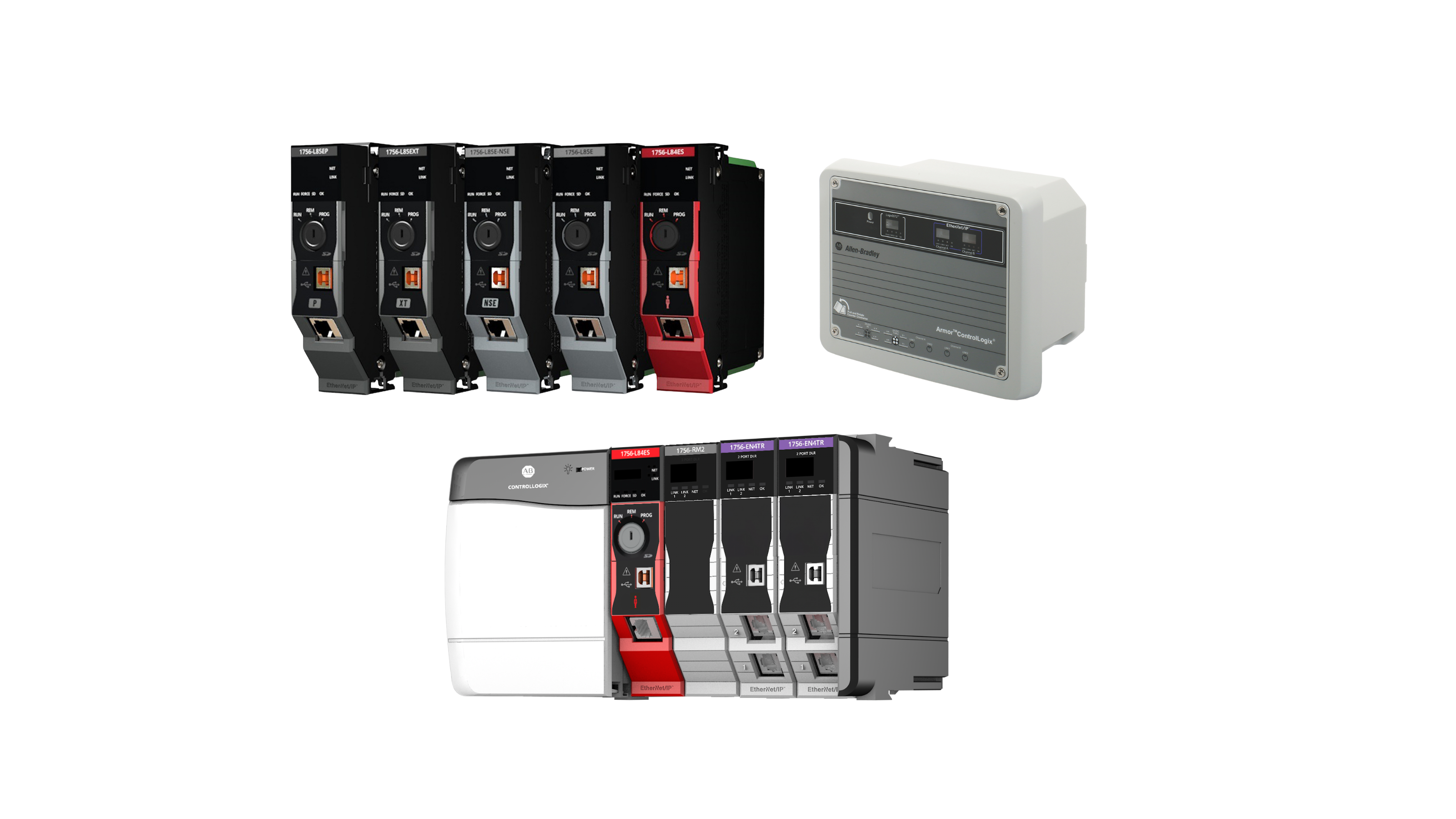 Controller collage image with ControlLogix 5580, ControlLogix 5570 controllers in the top row and Logix SIS image at the bottom