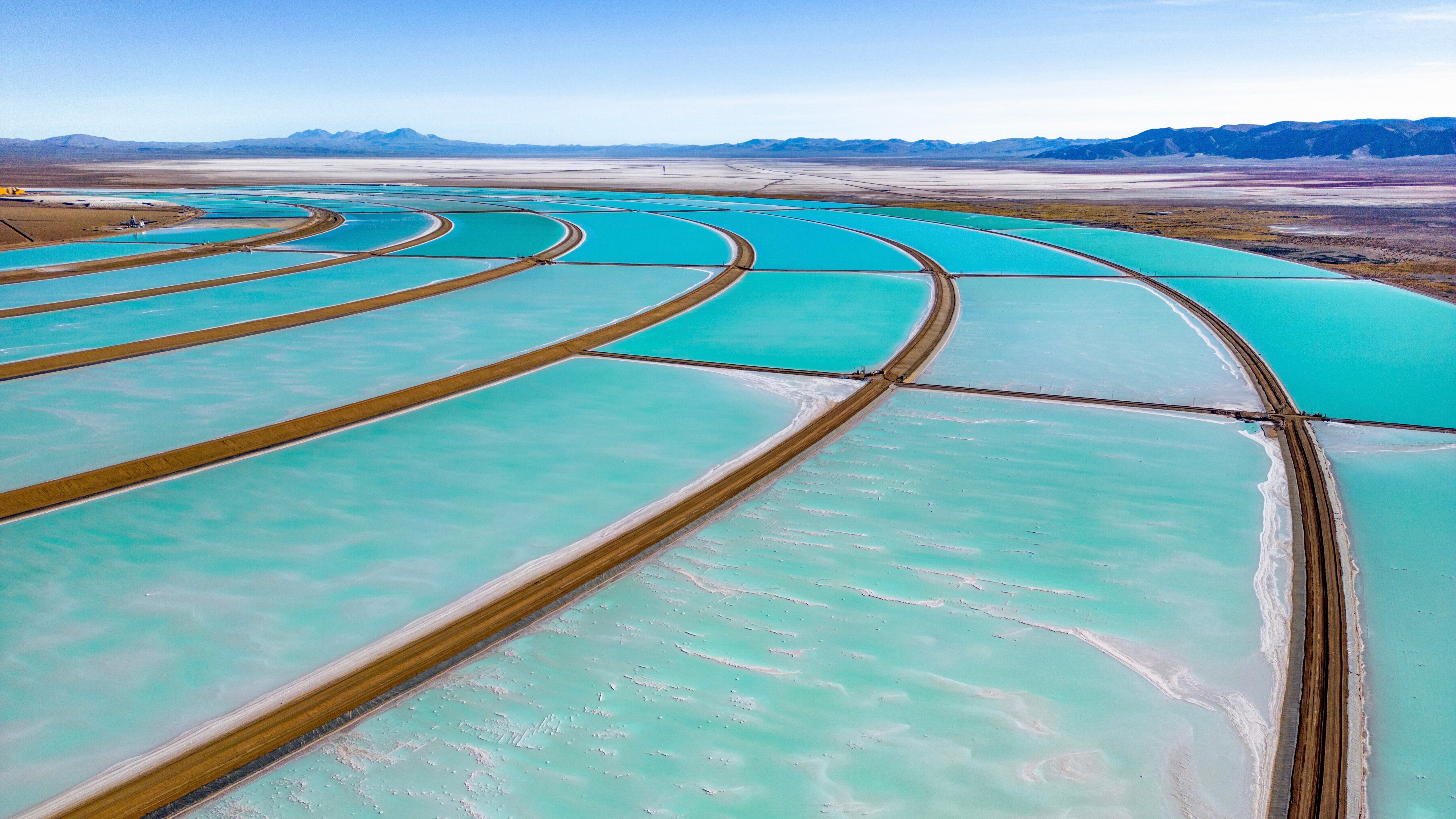 Aerial view of lithium fields or evaporation ponds in the highlands of northern Argentina, South America - a surreal, colorful landscape where batteries are born