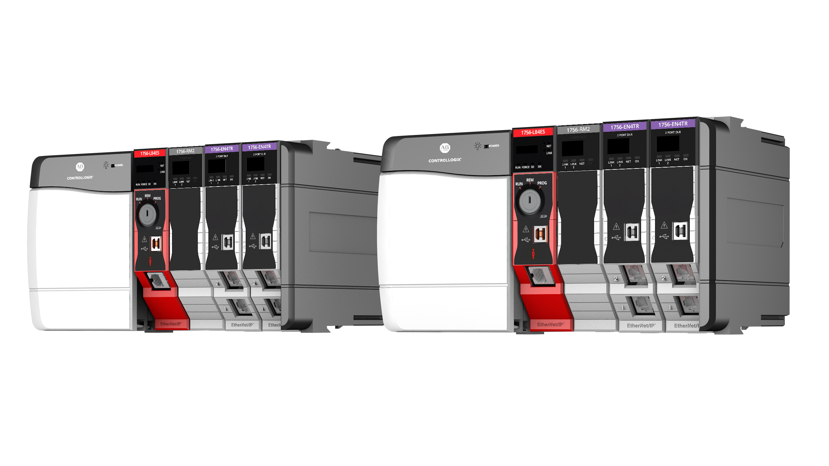 An image of a typical layout of a Phase 1 Logix SIS system. The redundant chassis host redundant Safety Logix controllers, as well as redundant network communication modules. 