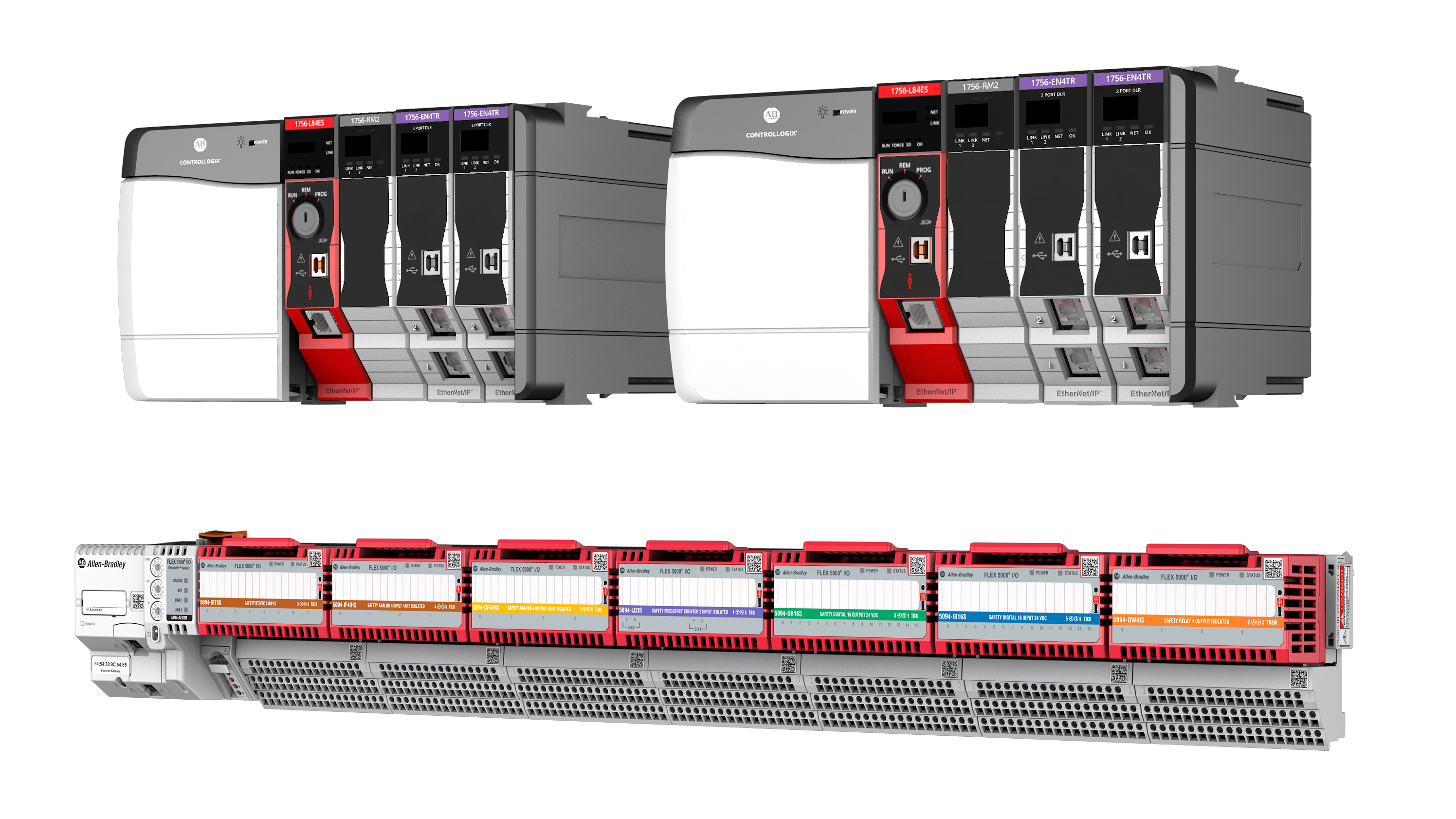 An image of a typical layout of a phase 1 Logix SIS system with Distributed I/O. The redundant chassis host redundant Safety Logix controllers, as well as redundant network communication modules. 