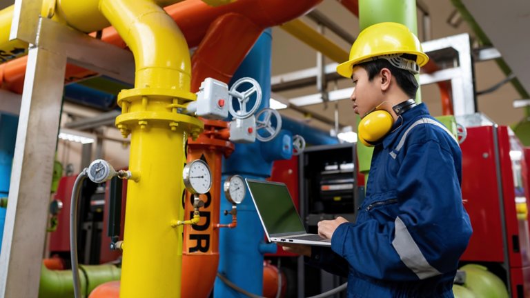 Maintenance technician at a heating plant,Petrochemical workers supervise the operation of gas and oil pipelines in the factory,Engineers put hearing protector At room with many pipes.
