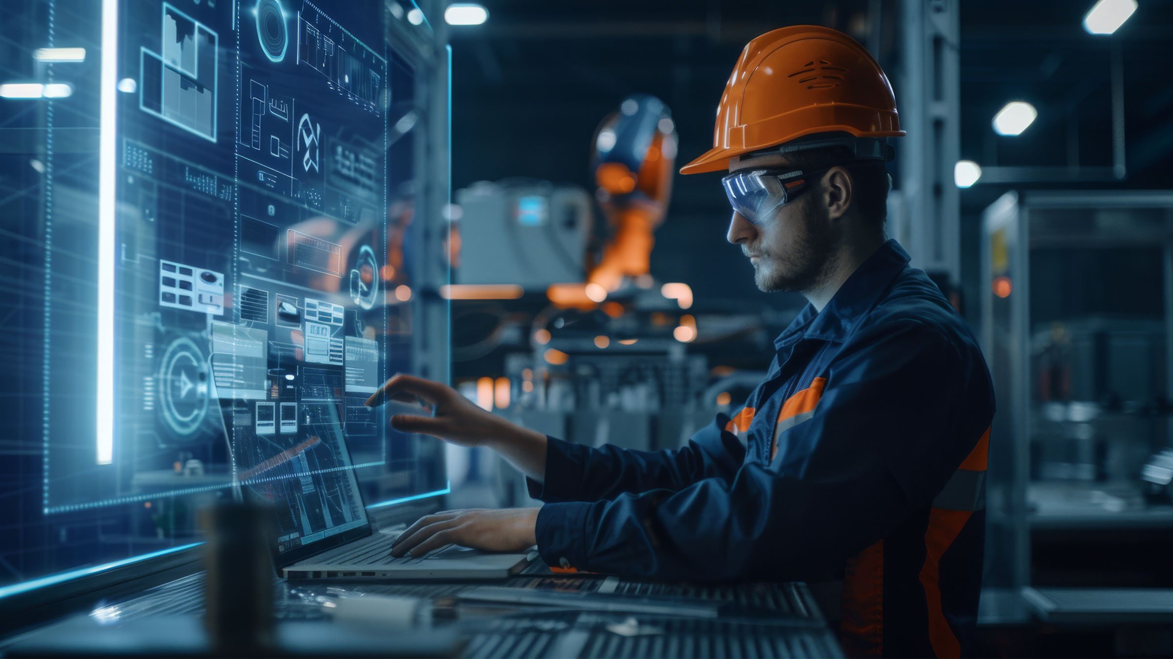 Un hombre con un casco naranja concentrado en la pantalla de una computadora