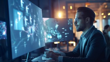 A man in a suit focused on a computer screen